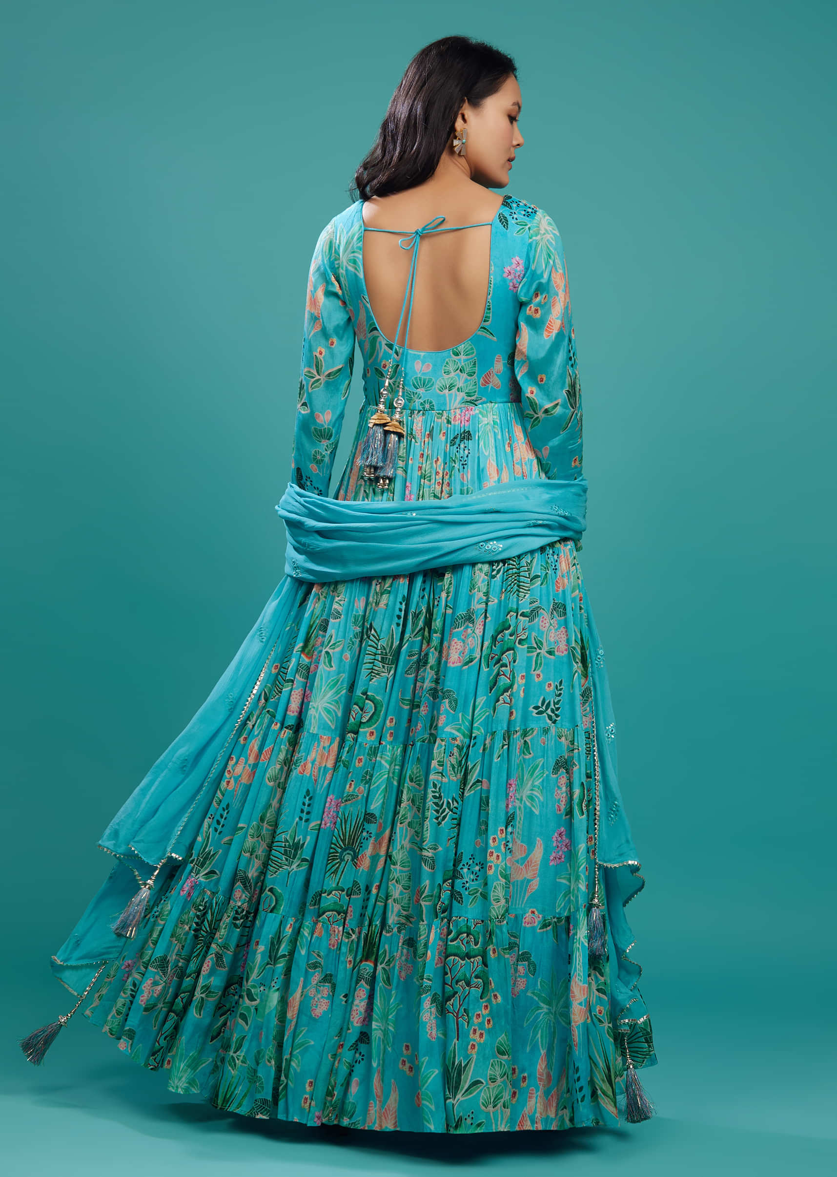 Sky Blue Curacao Chinon Tiered Floral Anarkali Suit