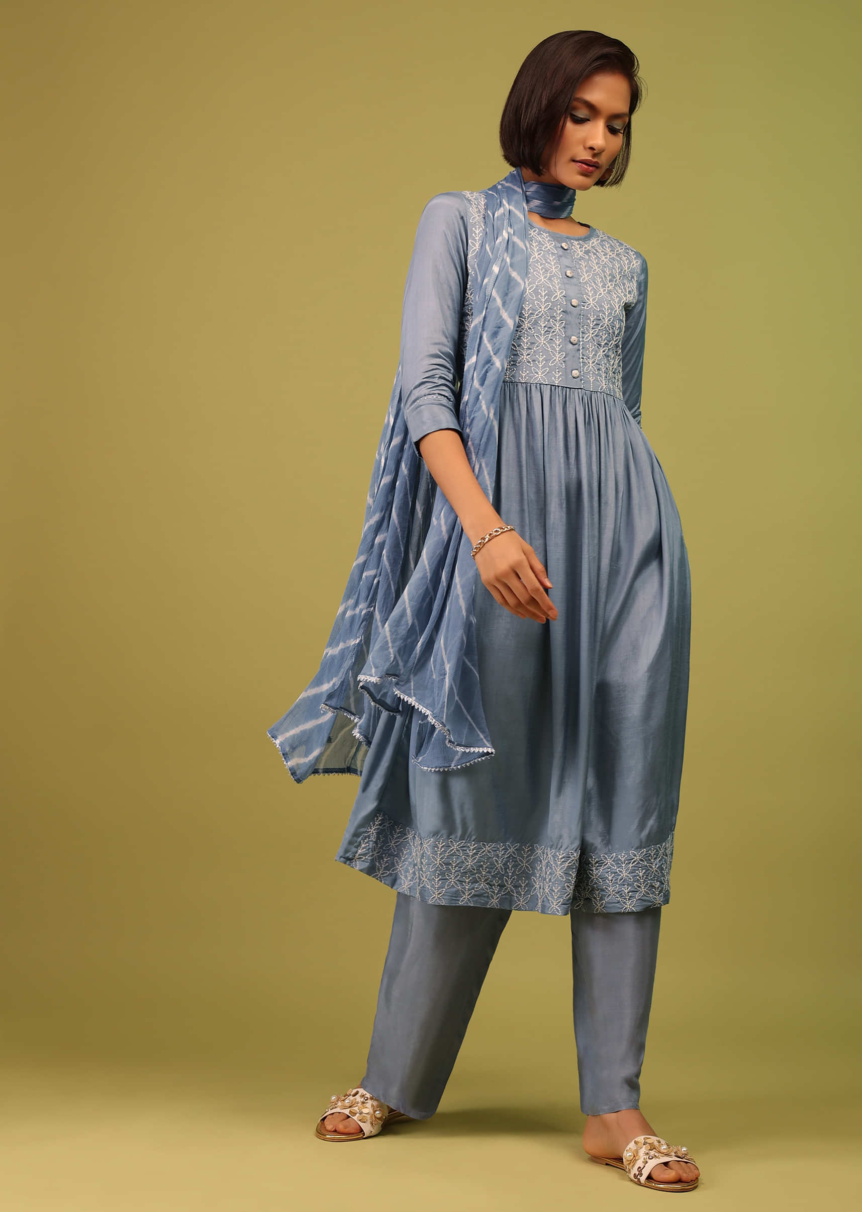 Airforce Blue Palazzo Suit Set In Russian Crepe With Floral Embroidery