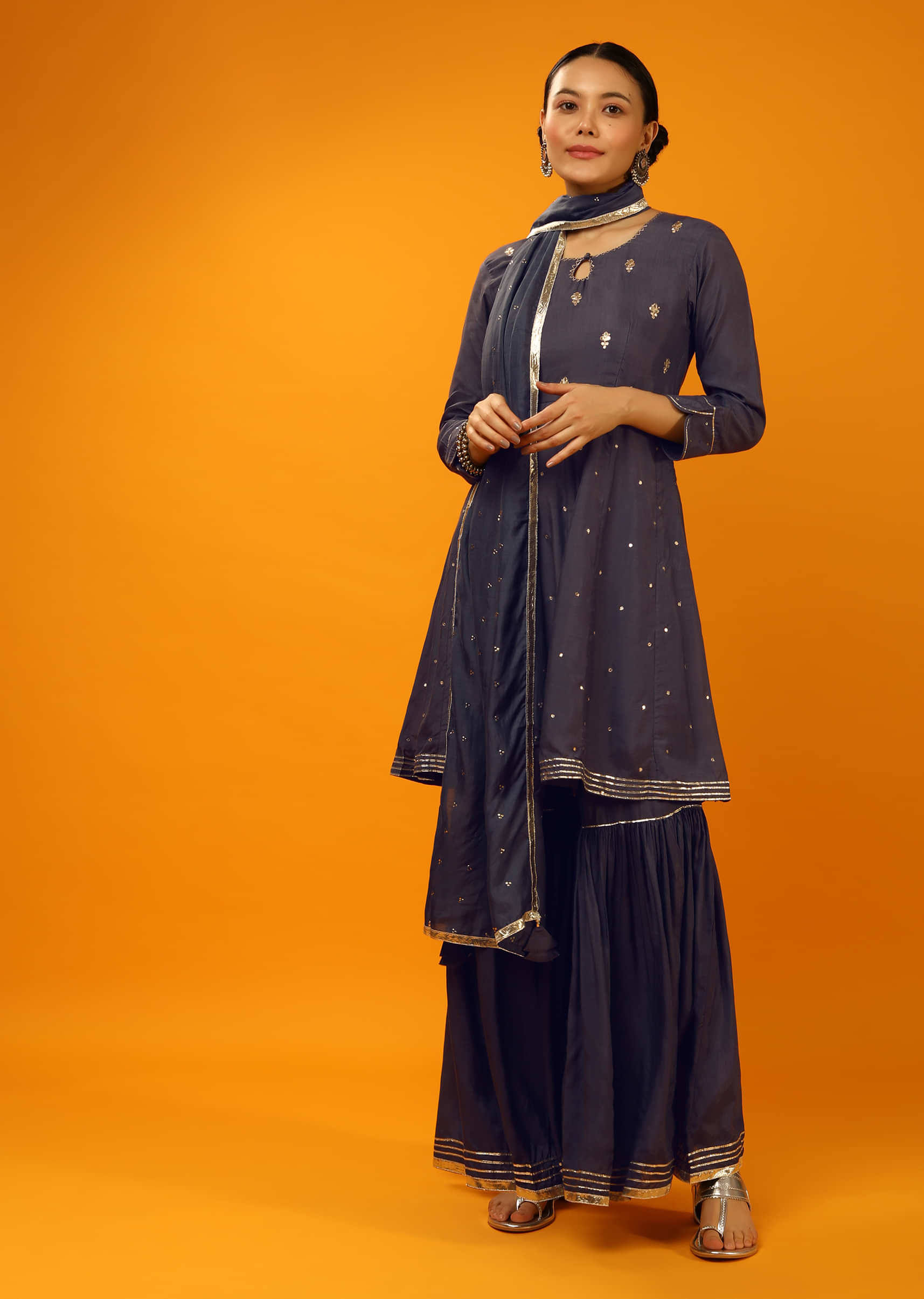 Blue Graphite A Line Sharara Suit With Gotta Patti And Zari Embroidered Buttis Online - Re By Kalki