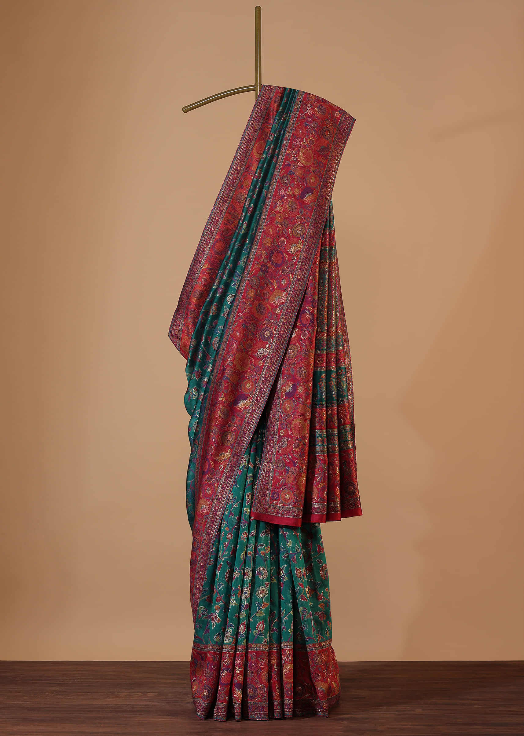 Emerald Green Handloom Pashmina Saree In Cotton Silk With Unstitched Blouse