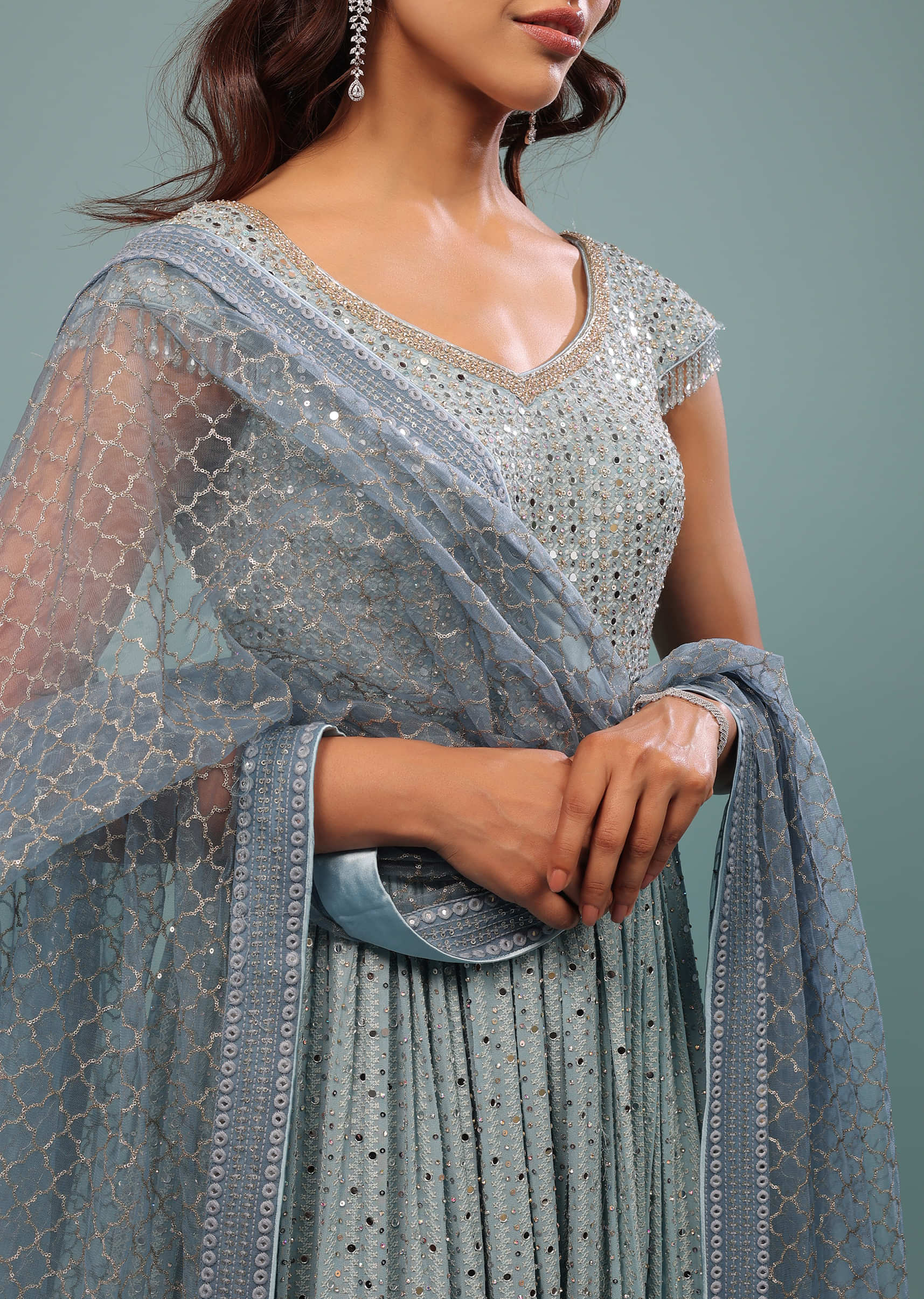 Powder Blue Ombre Embroidered Anarkali Suit Set In Georgette