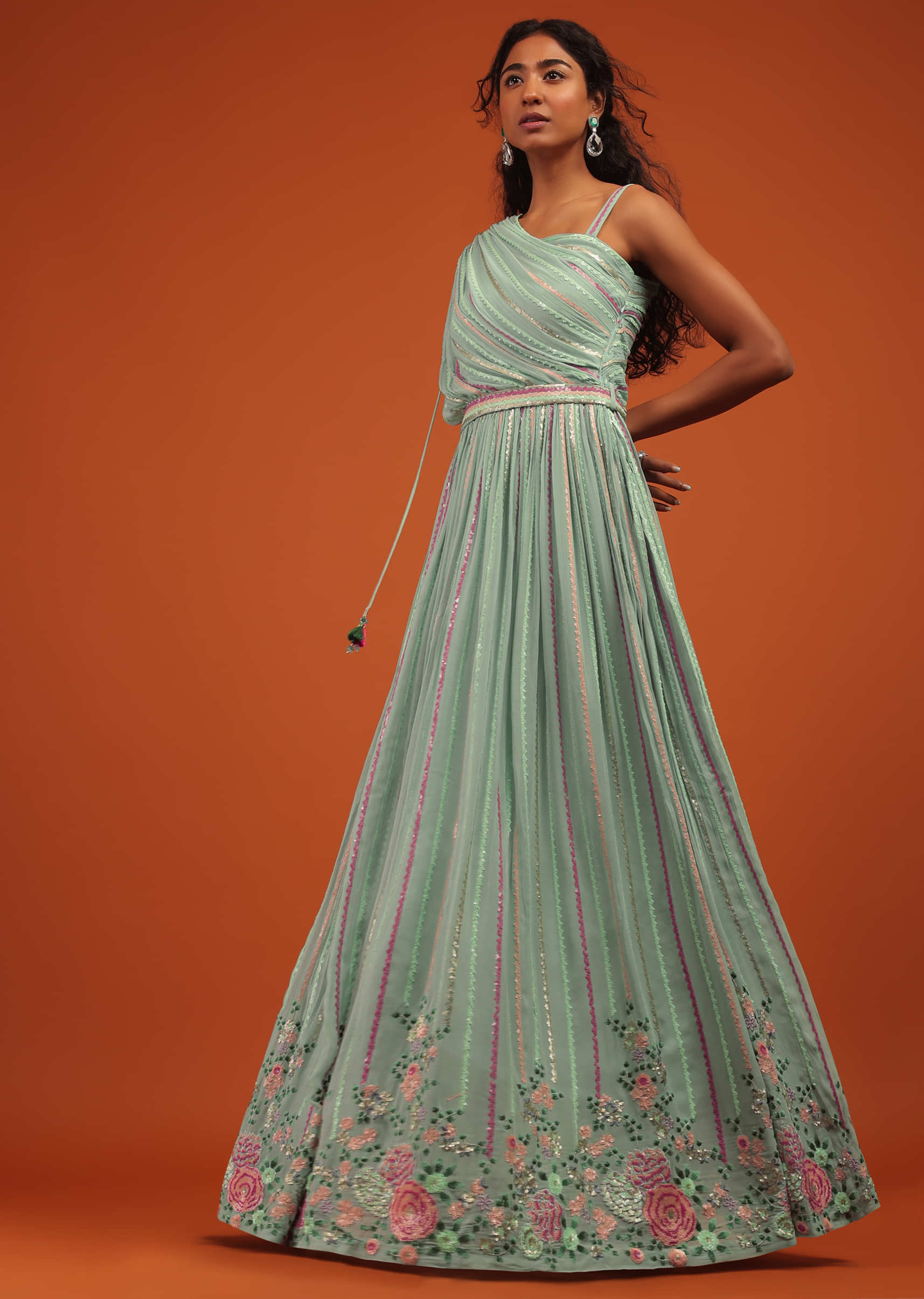 Blue Indo Western Gown In Georgette With Multi Color Floral Embroidery