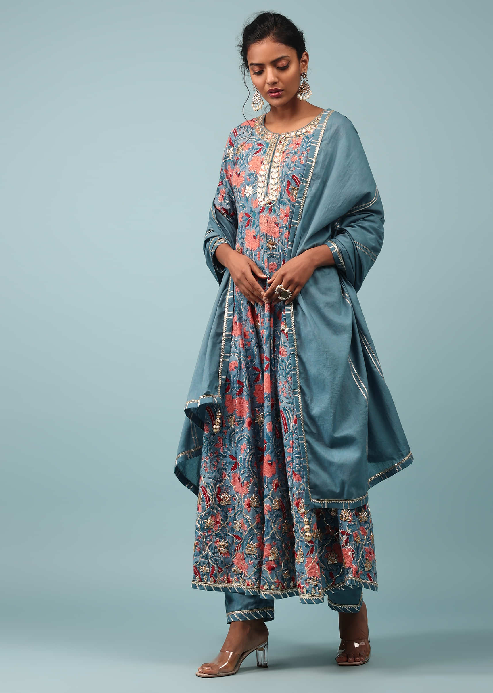 Blue Moon Floral Anarkali Suit With Gotta Work In Cotton