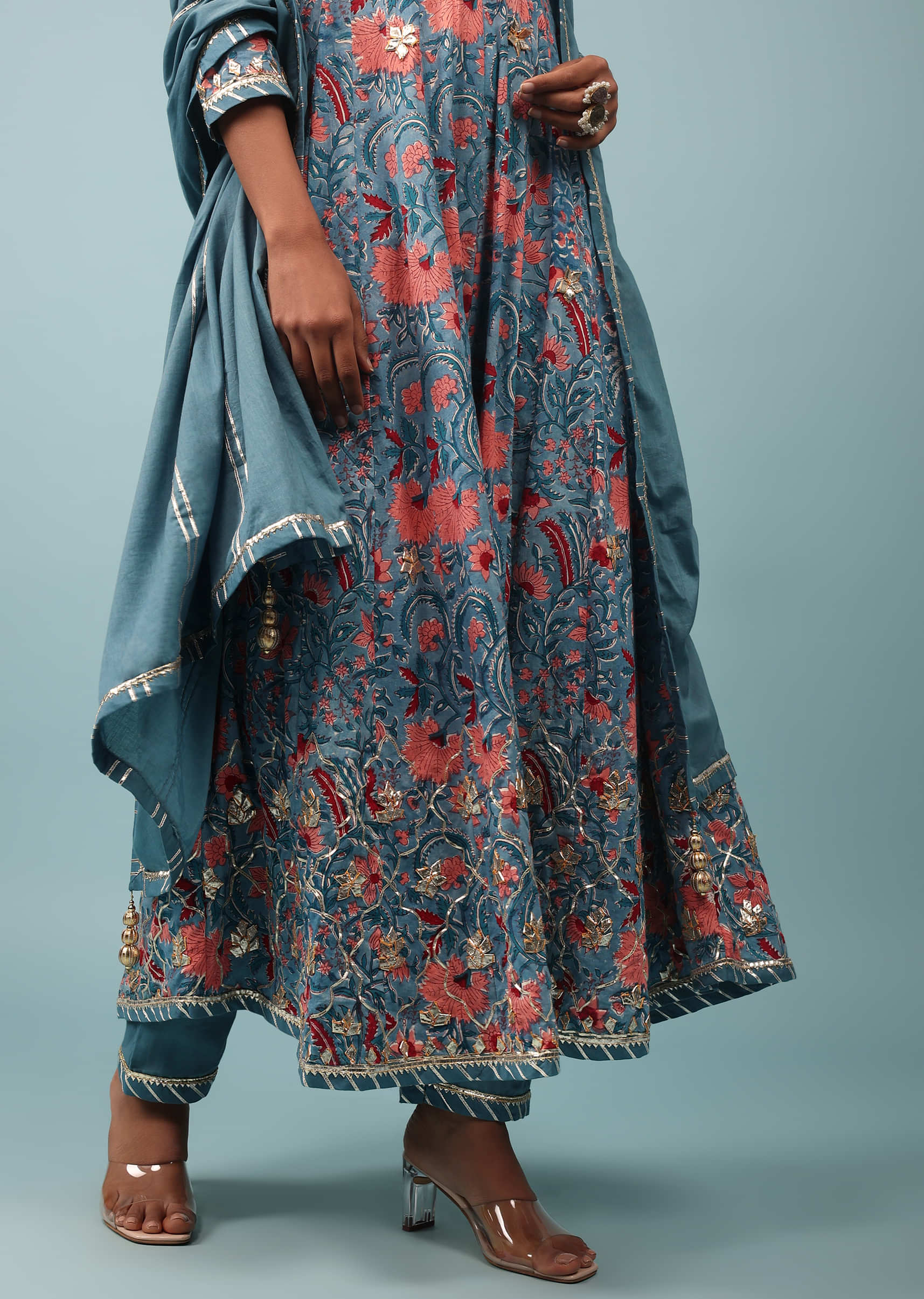 Blue Moon Floral Anarkali Suit With Gotta Work In Cotton