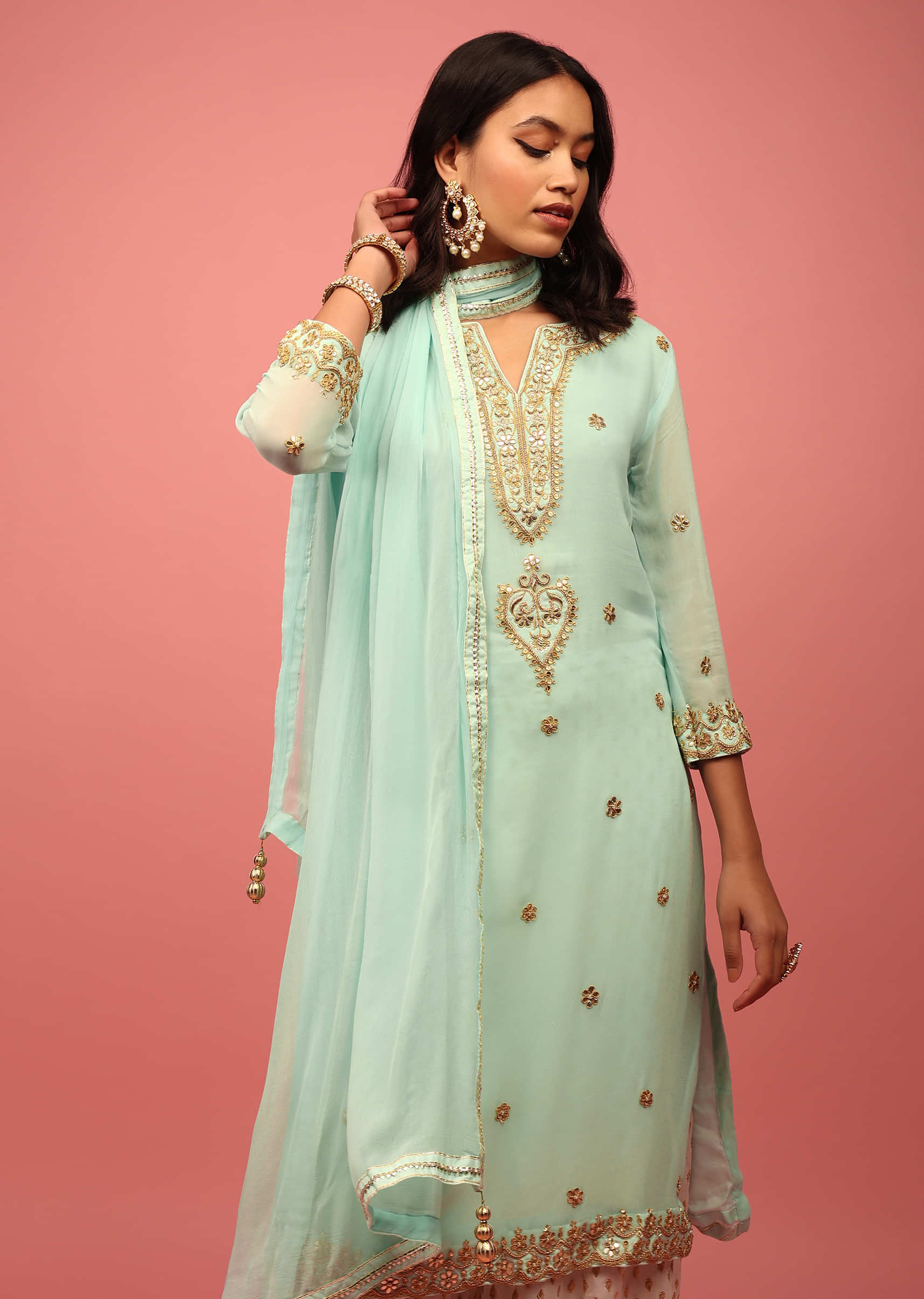 Powder Blue Palazzo Suit Set Handcrafted In Georgette And Premium Gotta Work