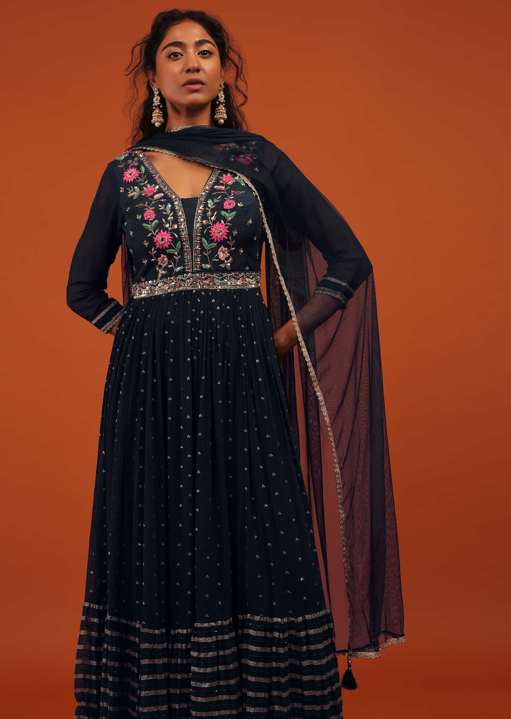 Blue Palazzo Suit Set In Georgette With Multi Color Embroidery