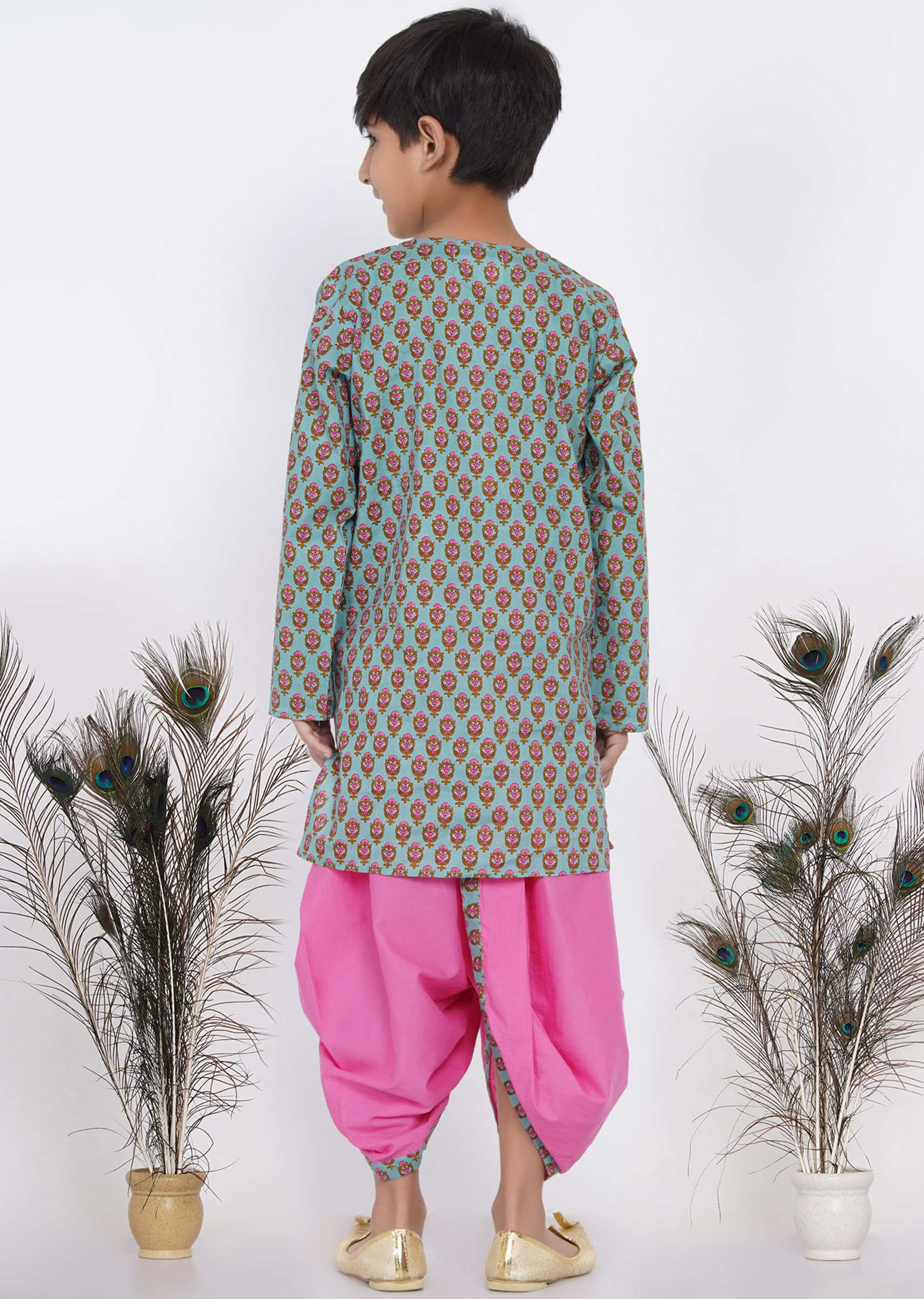Kalki Blue & Blush Pink Dhoti Kurta Set For Boys In Cotton With Floral Print