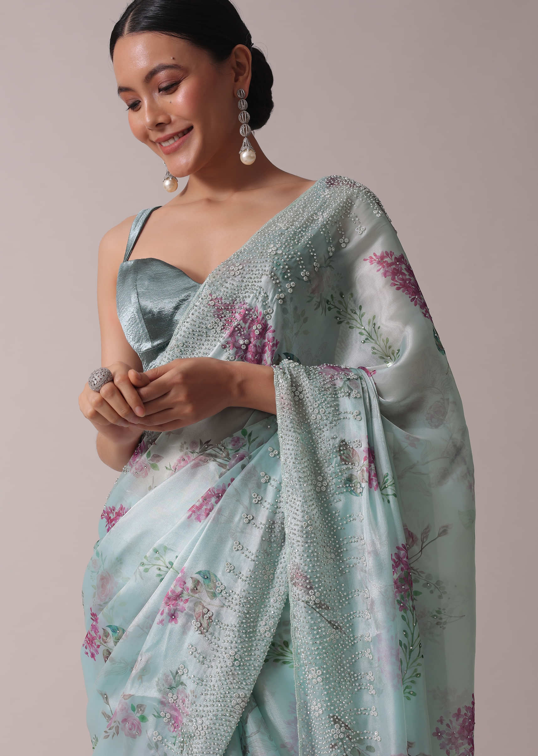 Blue Printed Festive Saree With Embroidery In Satin Organza