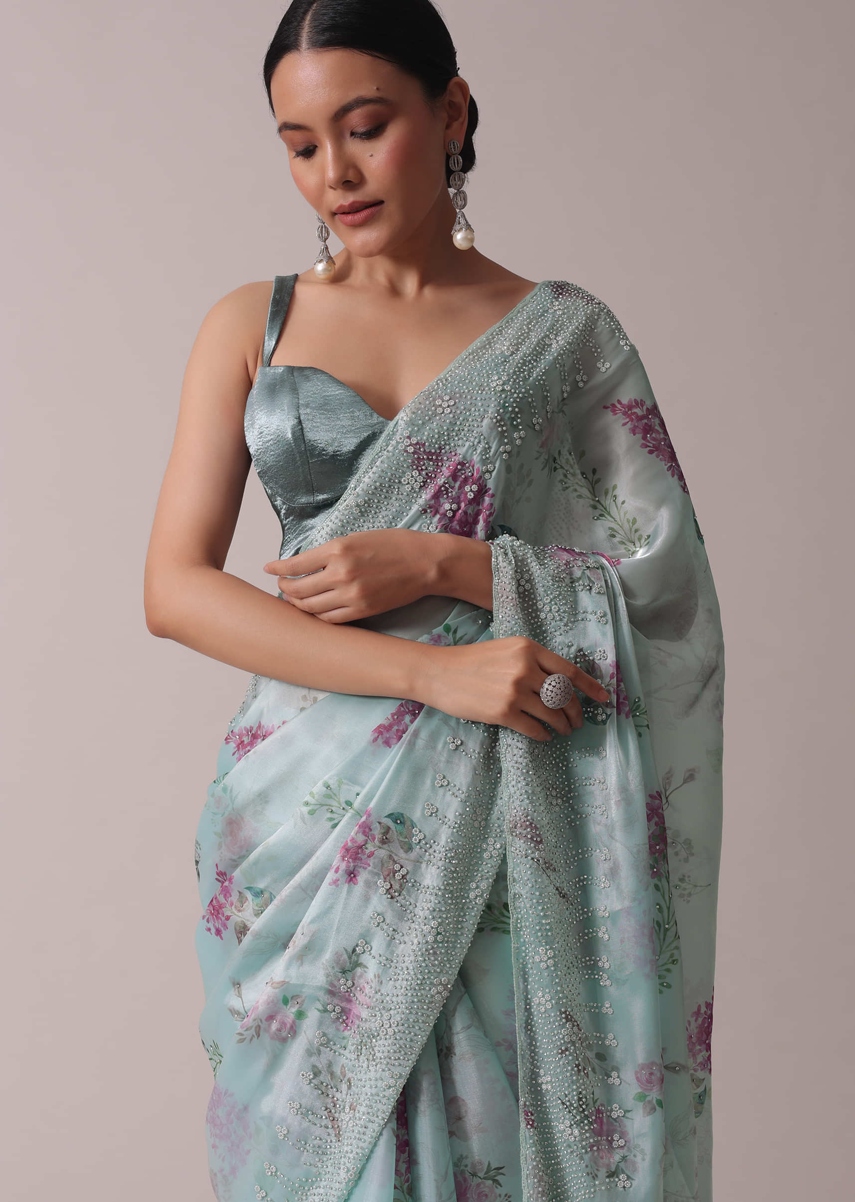 Blue Printed Festive Saree With Embroidery In Satin Organza