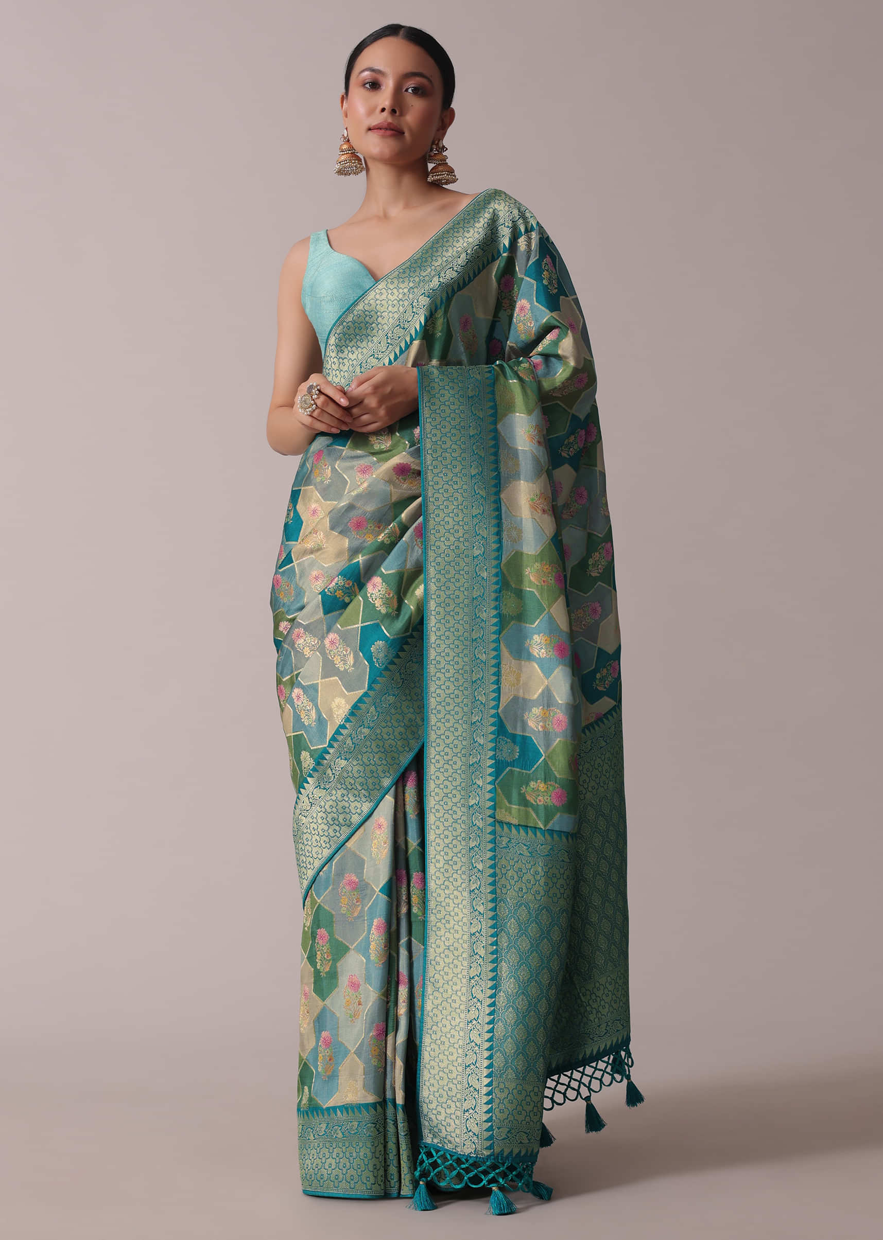 Blue Printed Festive Saree In Dola Silk With Embroidery