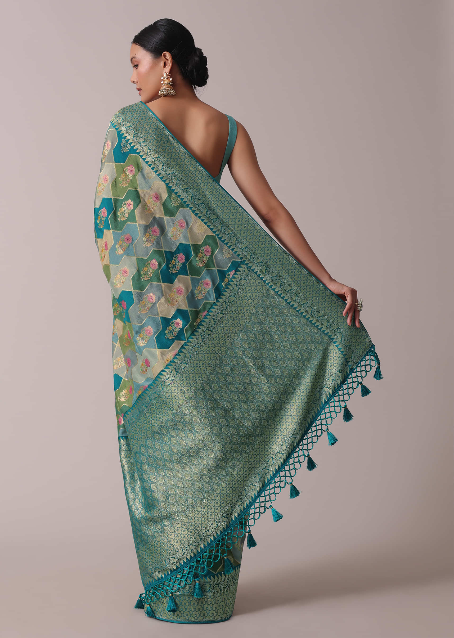 Blue Printed Festive Saree In Dola Silk With Embroidery