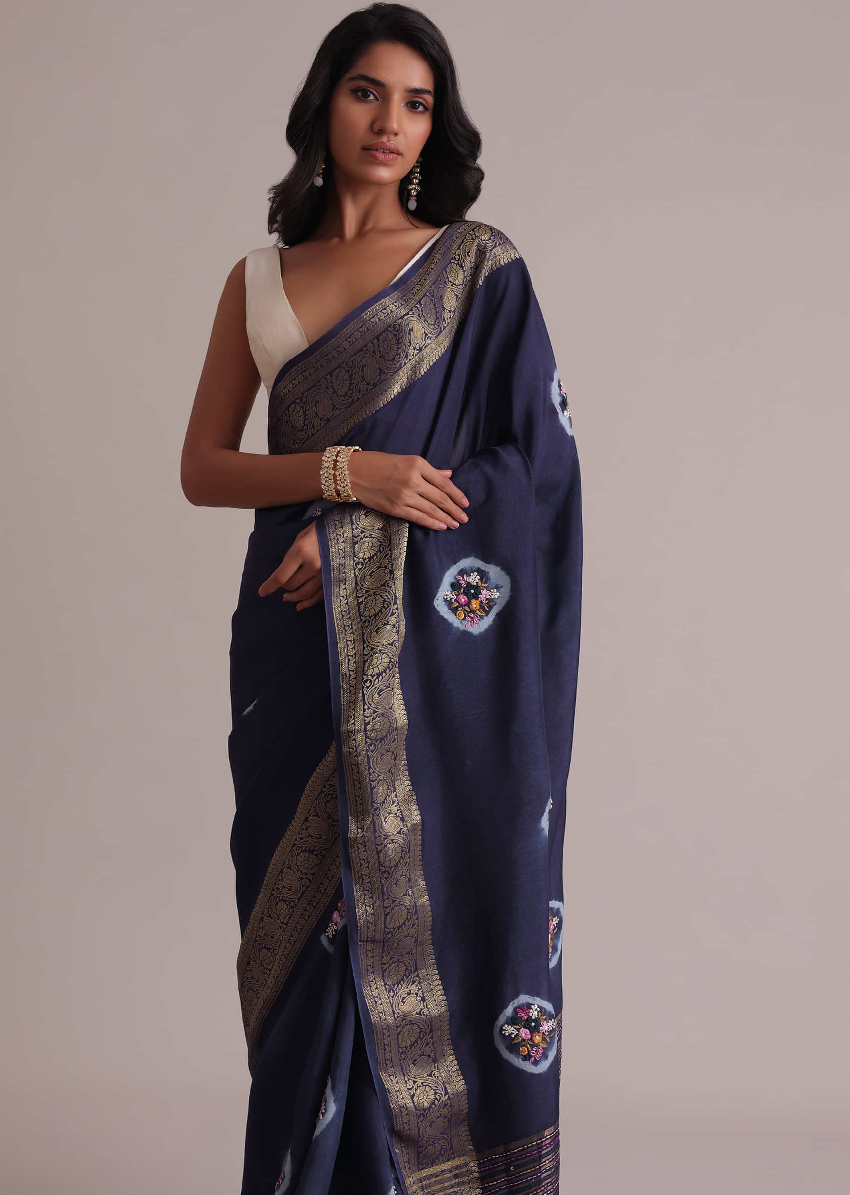 Blue Resham 3D Bud Embroidered Saree With Brocade And Thread Work In Dola Crepe