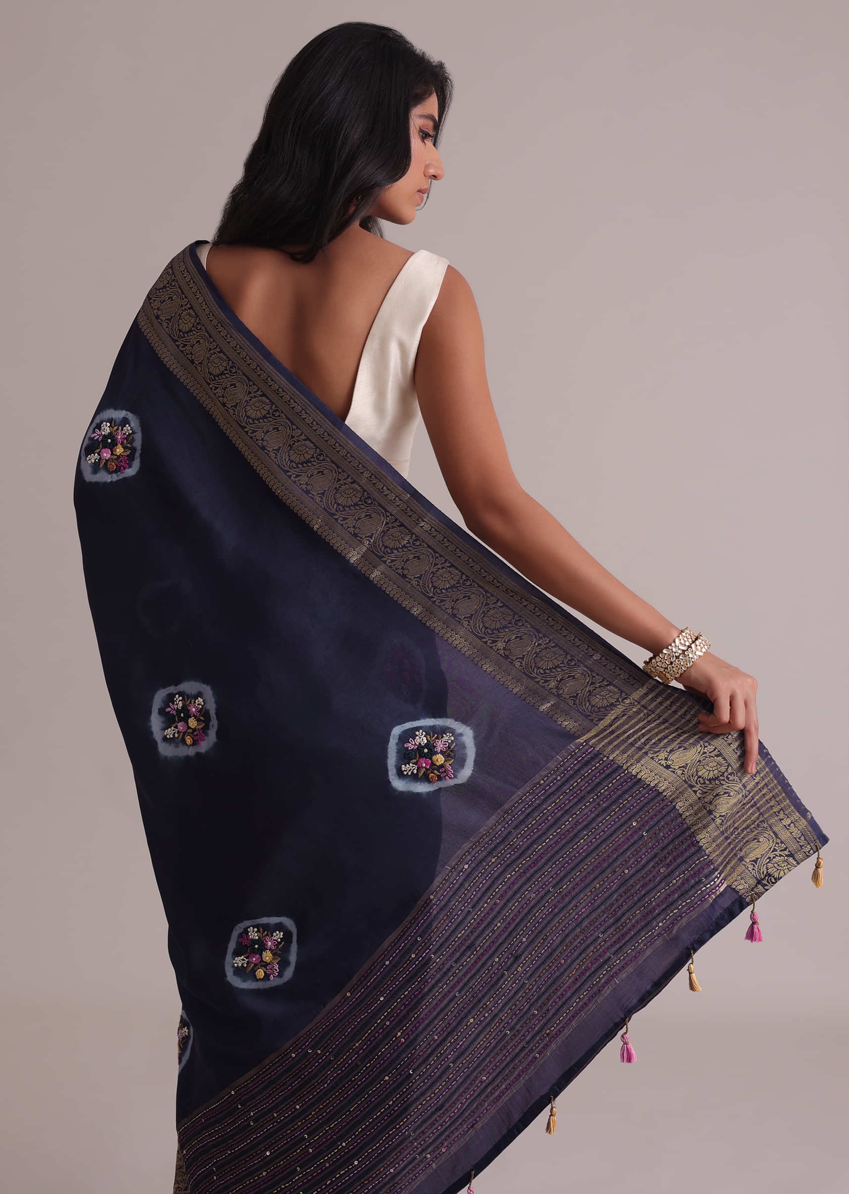 Blue Resham 3D Bud Embroidered Saree With Brocade And Thread Work In Dola Crepe