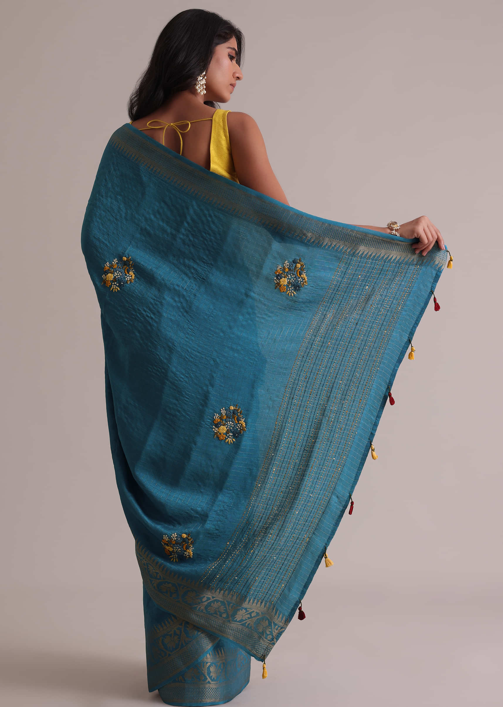 Blue Saree In Georgette Tussar With Brocade, Zari, And Resham 3D Bud Embroidery
