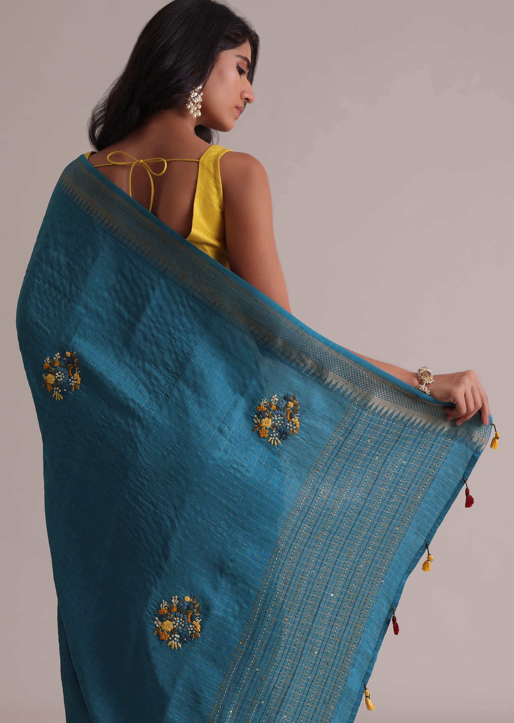 Blue Saree In Georgette Tussar With Brocade, Zari, And Resham 3D Bud Embroidery