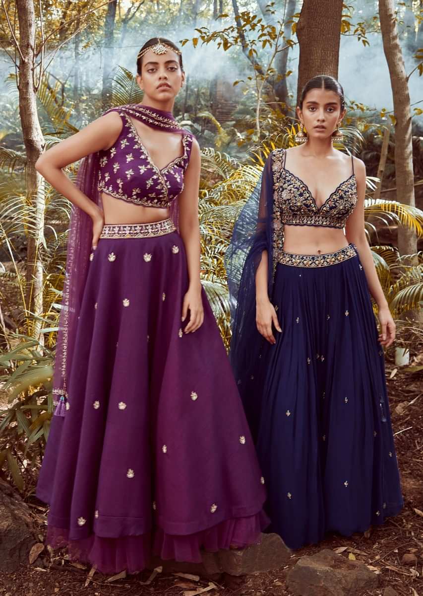 Blue blood Lehenga Choli With Hand Embroidered Crop Top Using Sequins And Beads In Floral Jaal Design 