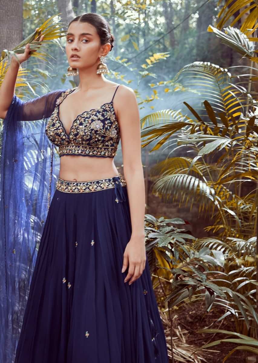 Blue blood Lehenga Choli With Hand Embroidered Crop Top Using Sequins And Beads In Floral Jaal Design 