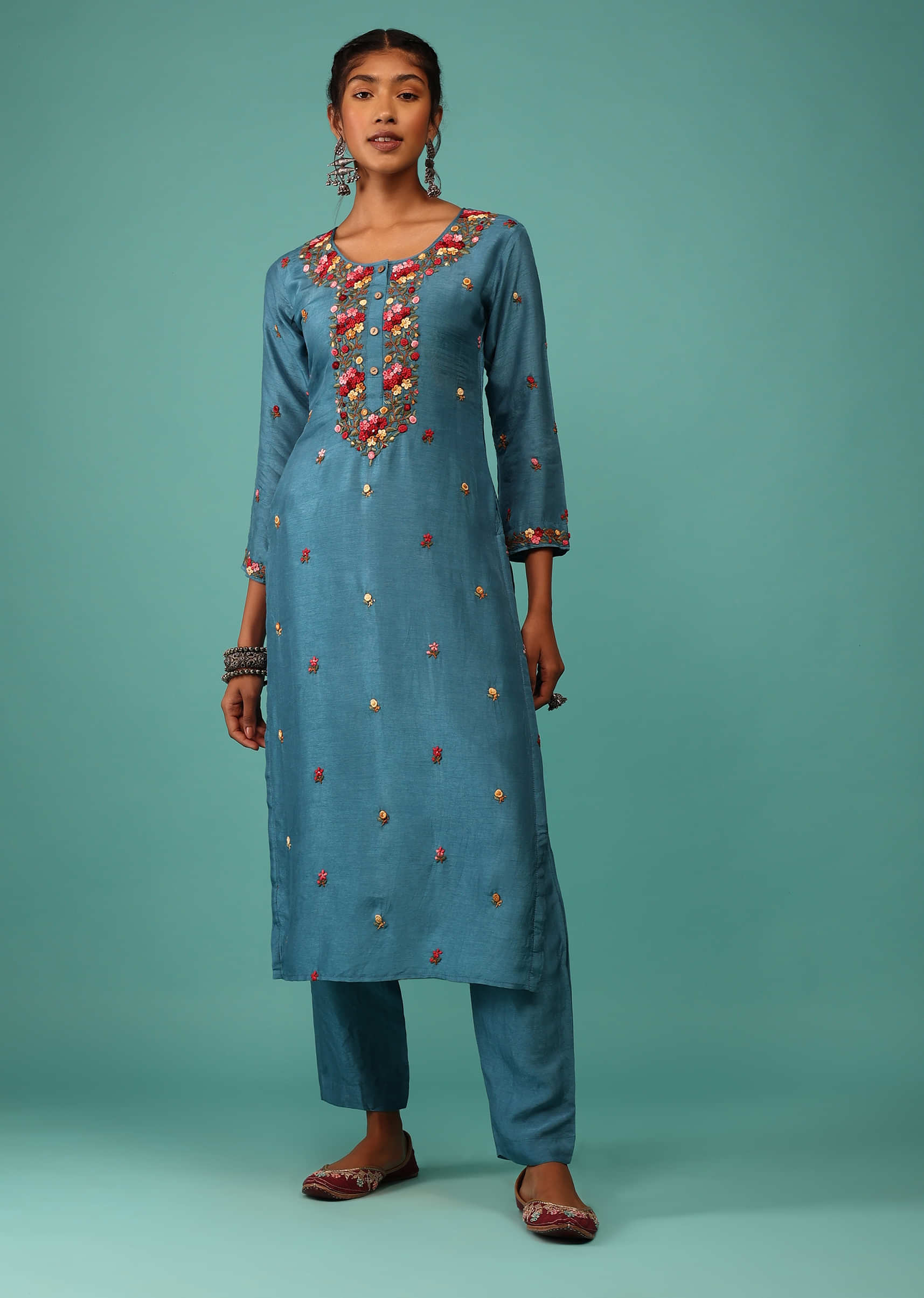 Sea Blue Kurta Set In Dola Silk With Kashmiri Thread Embroidery & 3D Floral Work