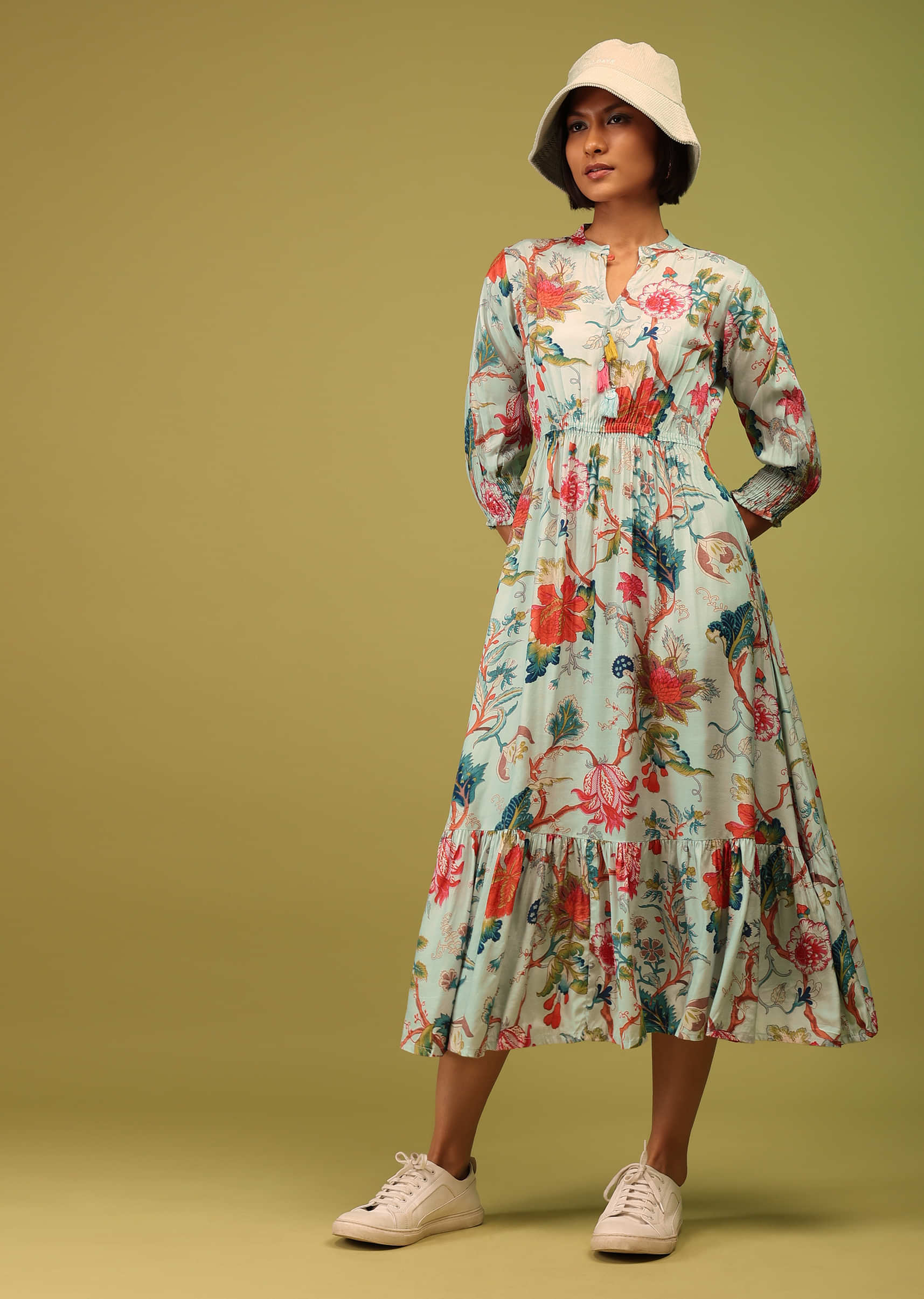 Powder Blue Tiered Dress In Cotton Silk With Multicolor Floral Jaal Print Online - RE By Kalki