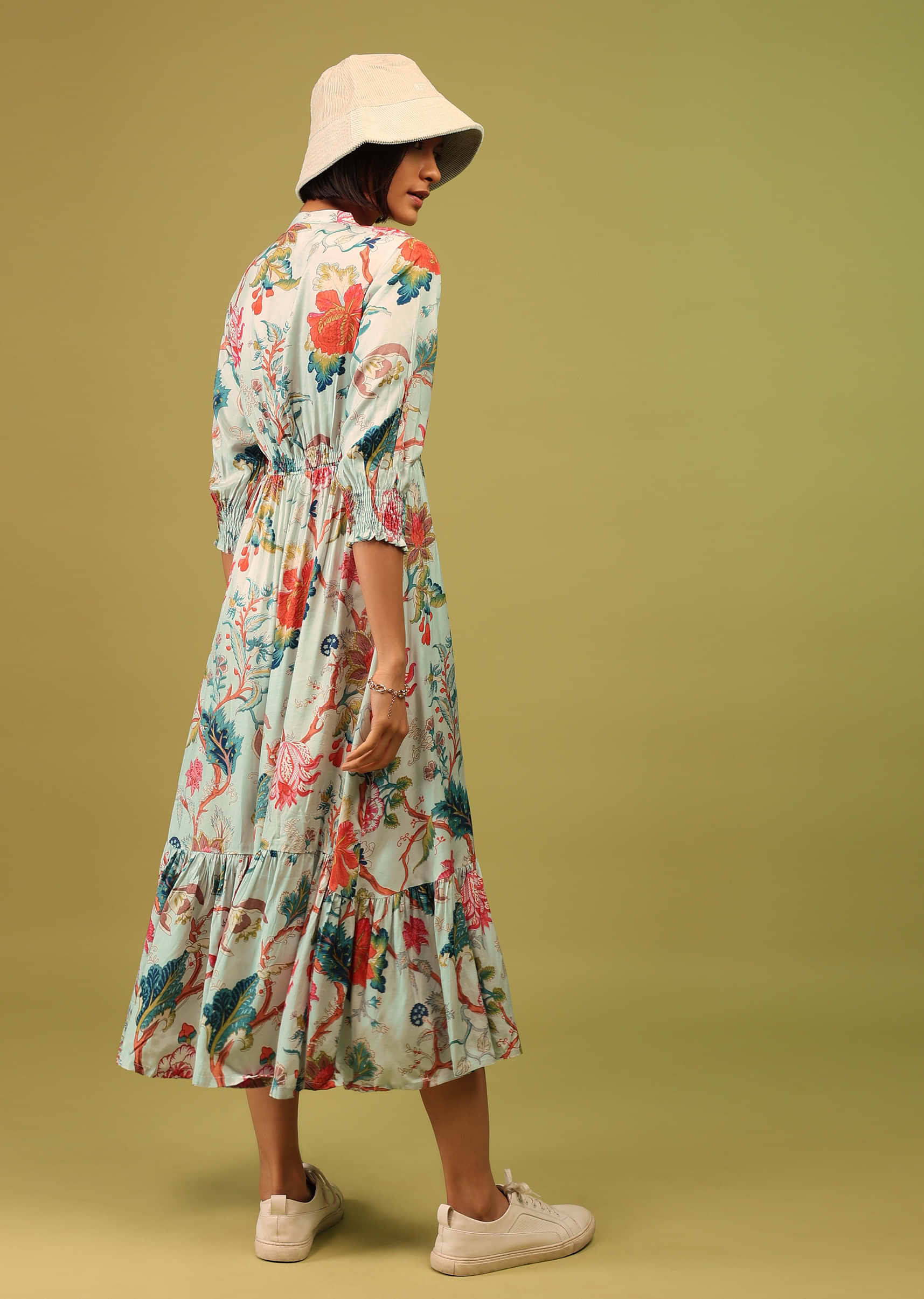 Powder Blue Tiered Dress In Cotton Silk With Multicolor Floral Jaal Print Online - RE By Kalki