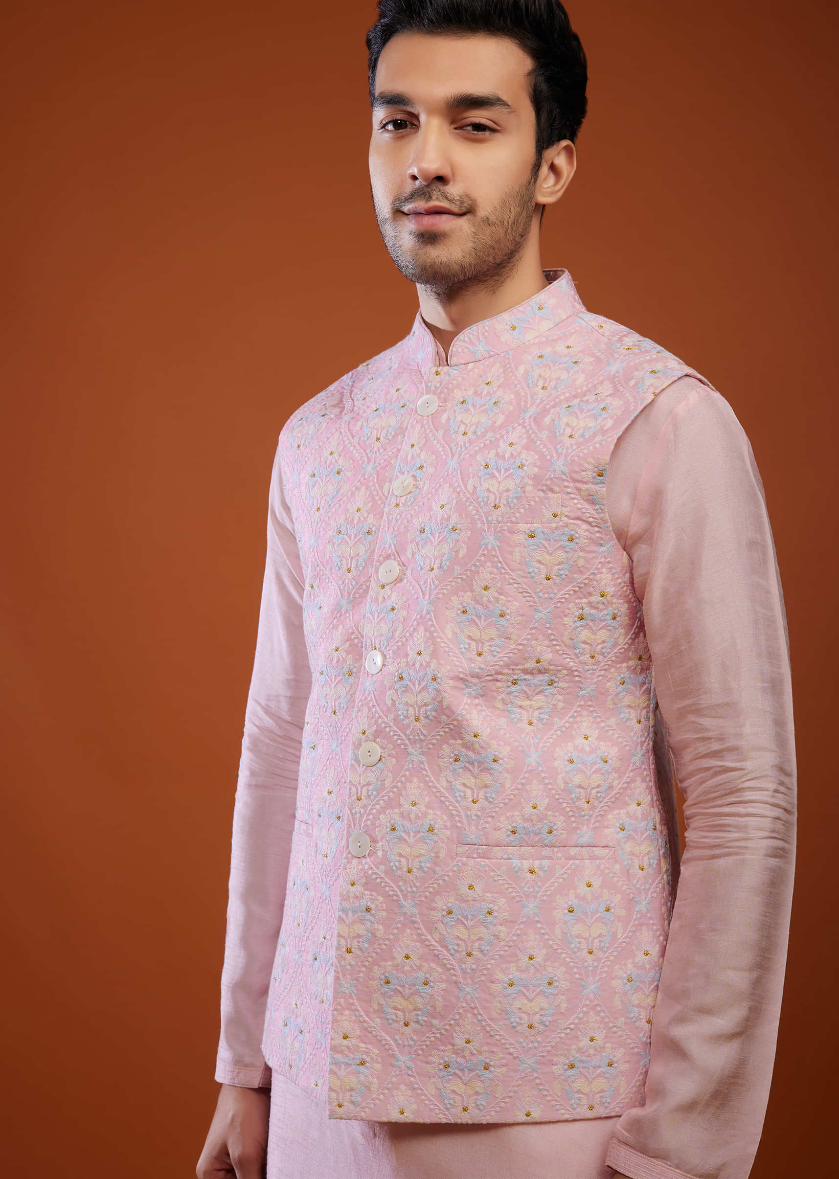 Powder Pink Embroidered Bandi Jacket Set In Silk