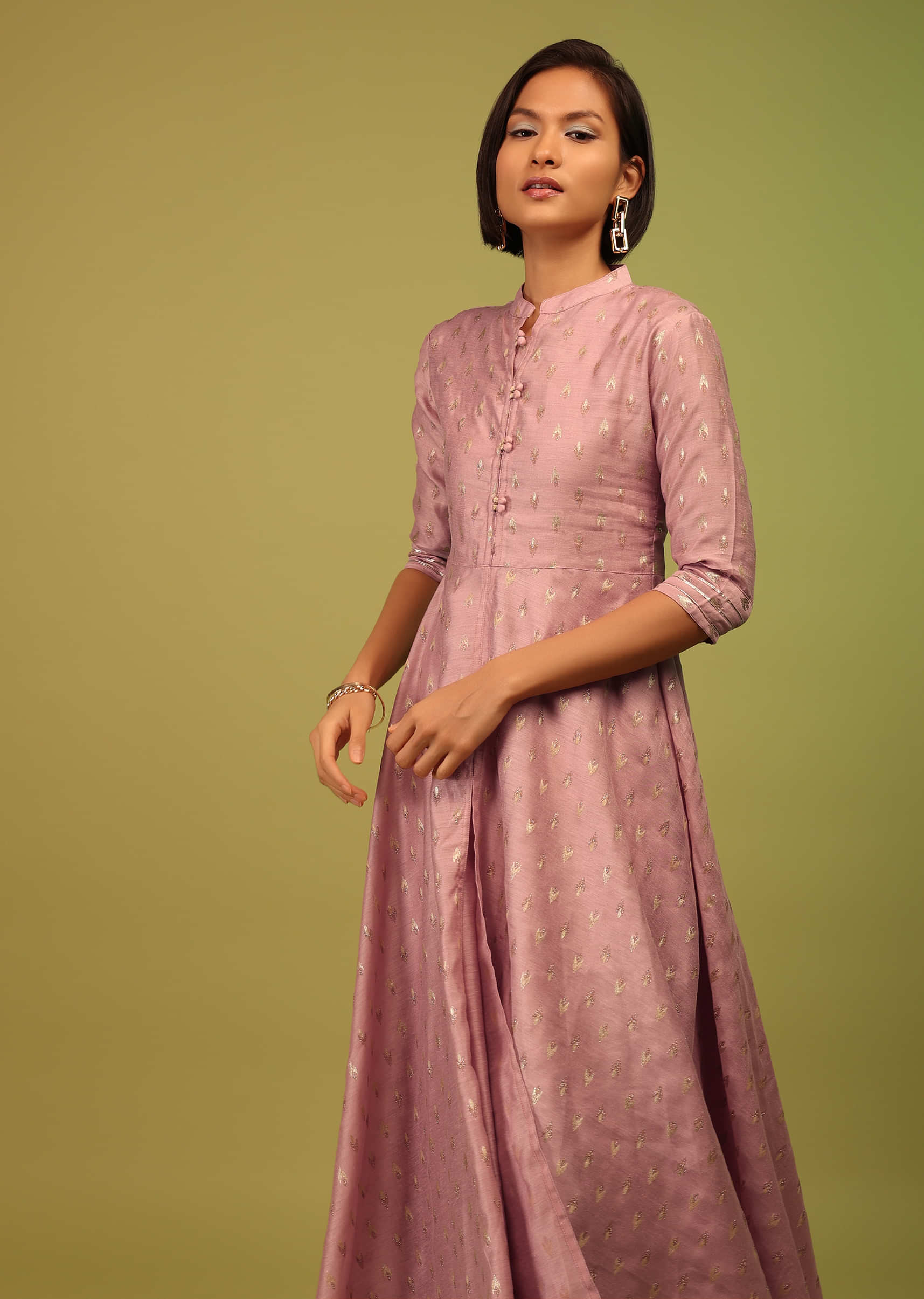 Petal Pink Festive A-Line Kurta In Chanderi Silk With Foil Print Embellishment Online - RE By Kalki