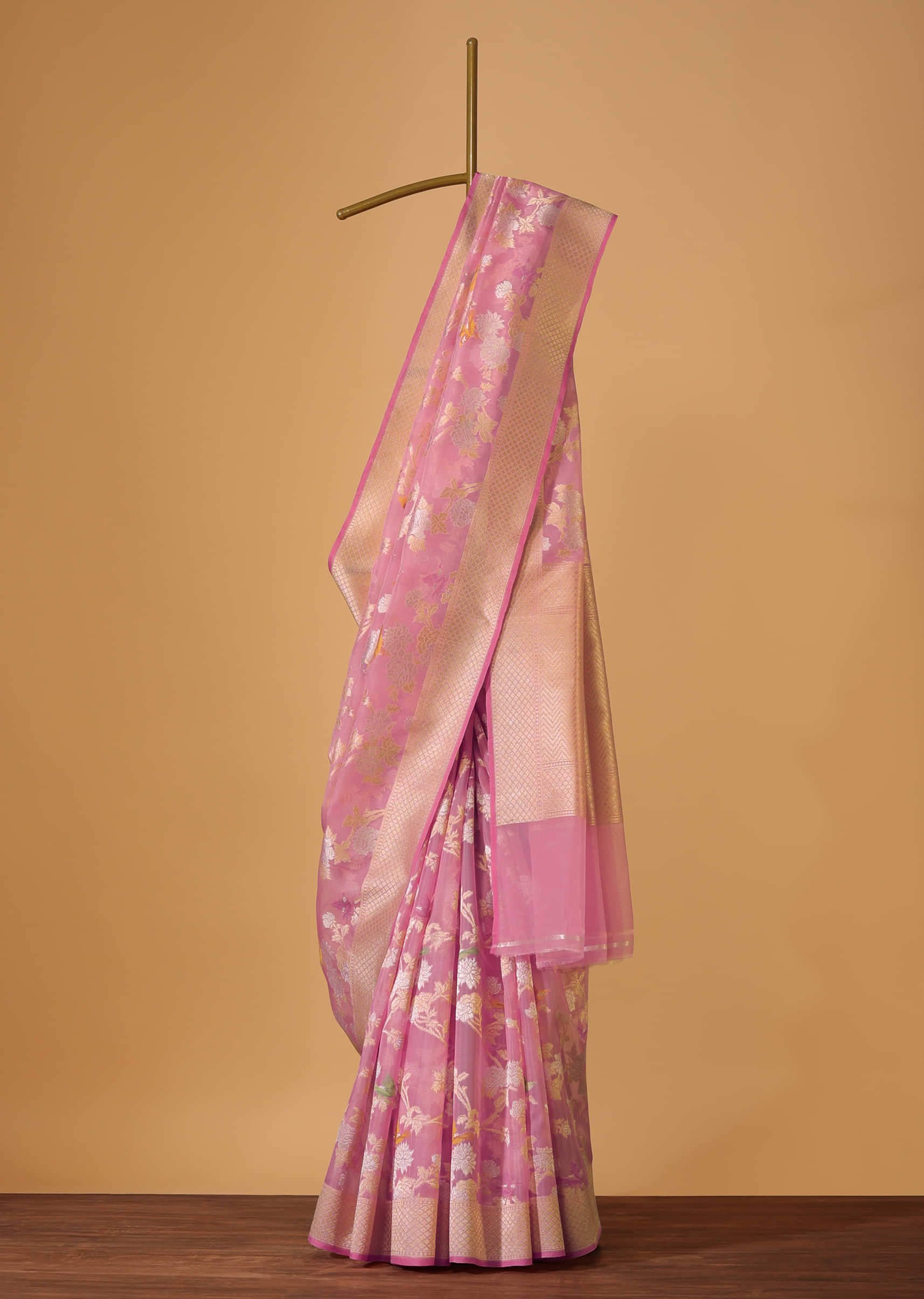Blush Pink Handloom Banarasi Saree In Kora Silk
