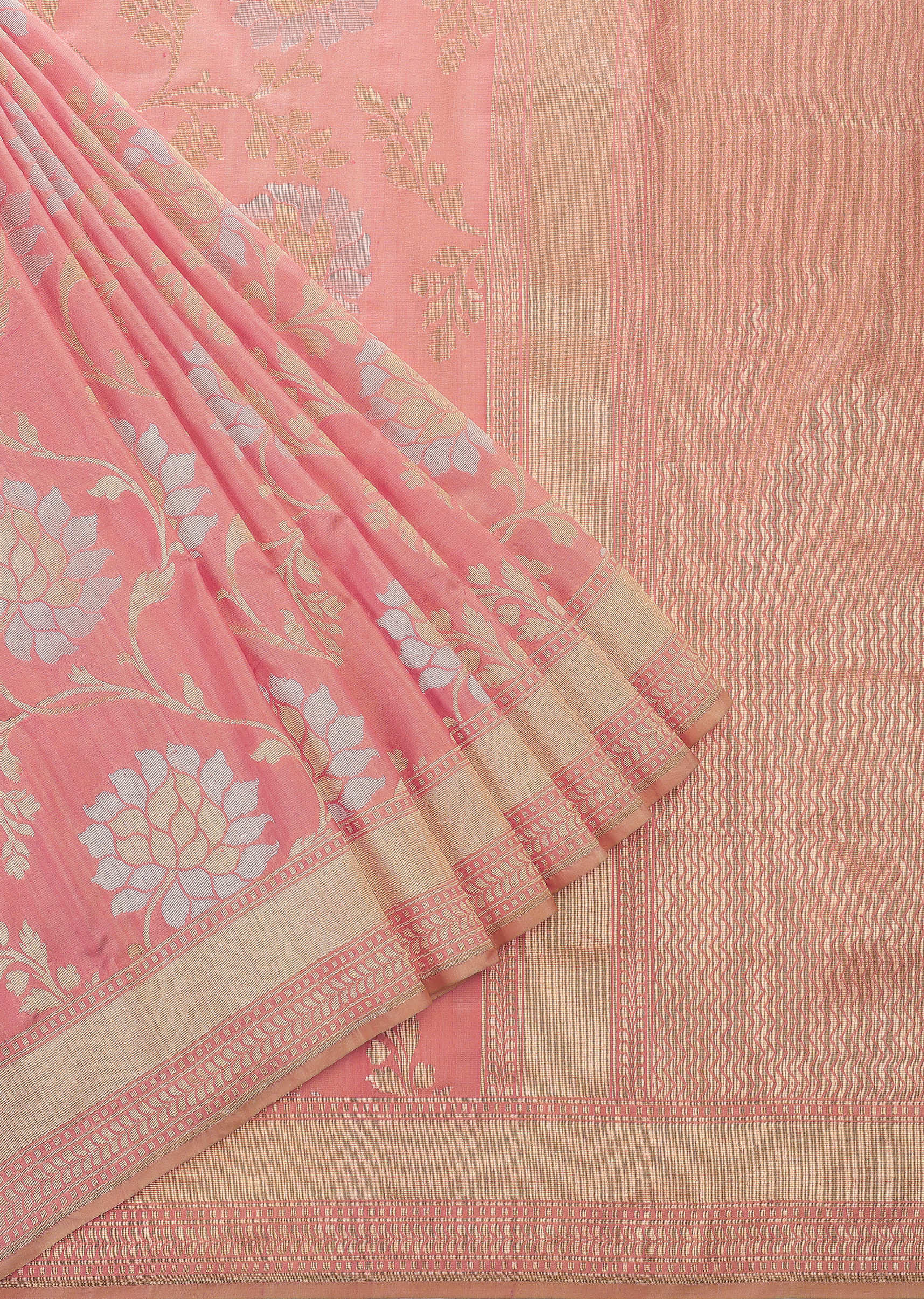 Blush Pink Handloom Banarasi Saree In Uppada Silk With Silver And Gold Weave
