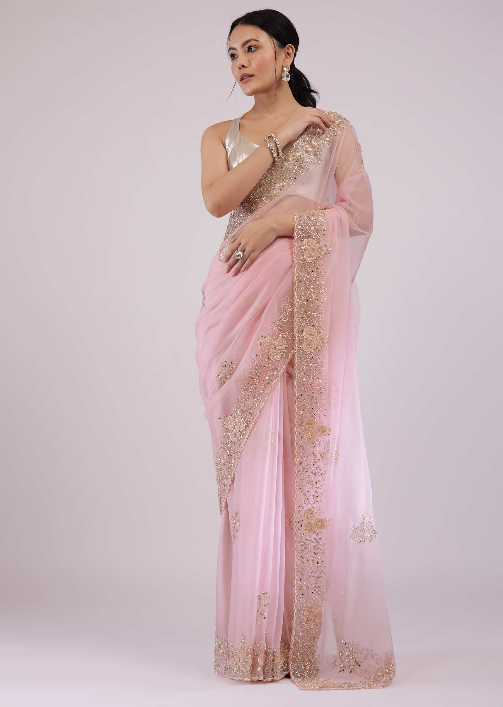 Candy Pink Organza Saree With Intricate Embroidery