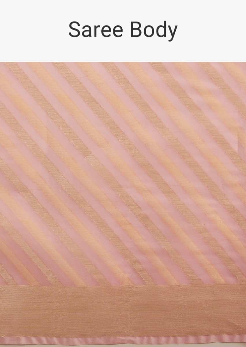 Blush Pink Saree In Organza Silk With Brocade Woven Diagonal Striped Design And Unstitched Blouse  