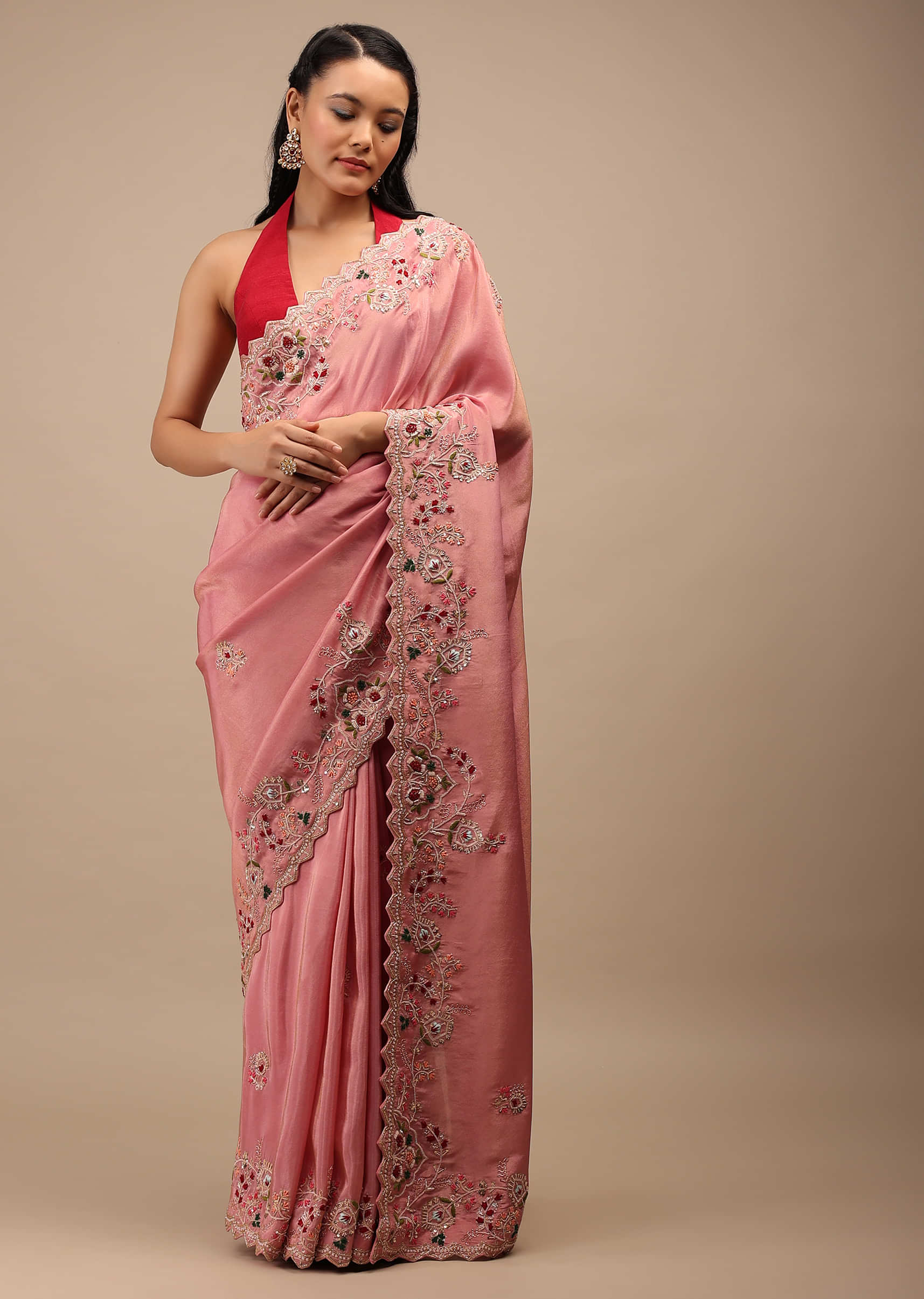 Blush Pink Tissue Saree In Pink French Knots And Zardozi Embroidery Buttiis, Embroidery Detailing Work On Border