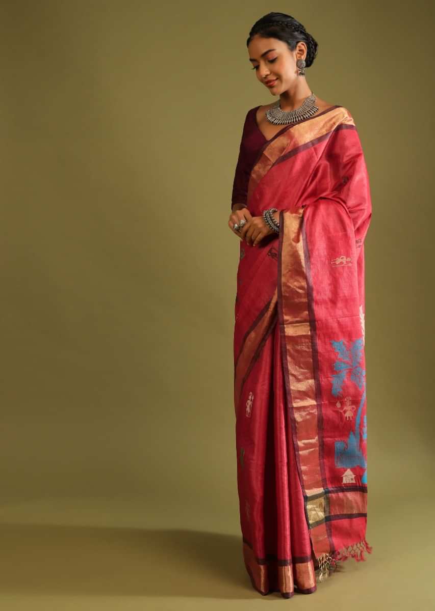 Blush Red Saree In Tussar Silk With Multi Colored Thread Embroidered Folk Design On The Pallu  