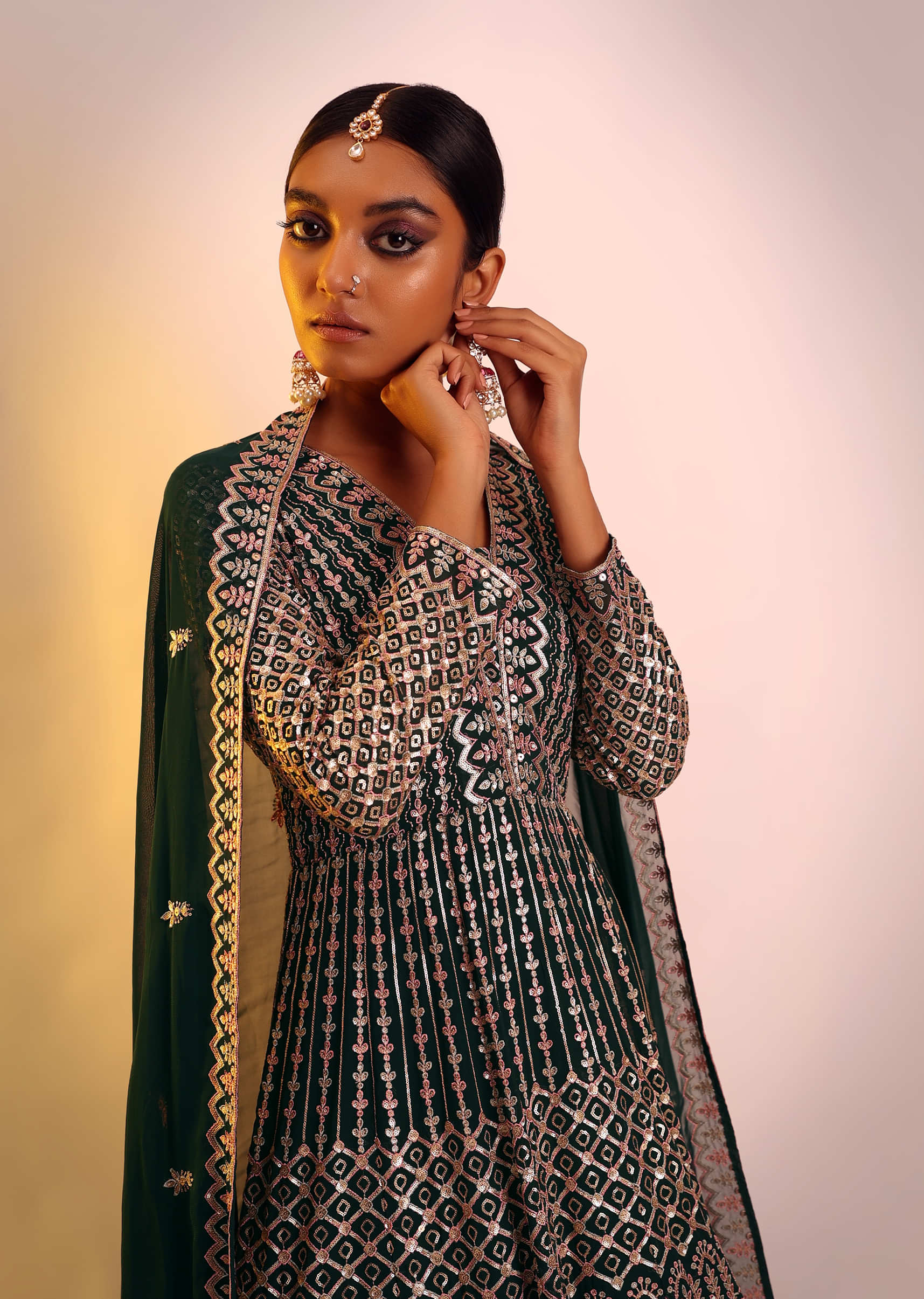 Bottle Green Anarkali Suit In Georgette With Multi Colored Resham And Sequins Embroidered Intricate Mughal Motifs