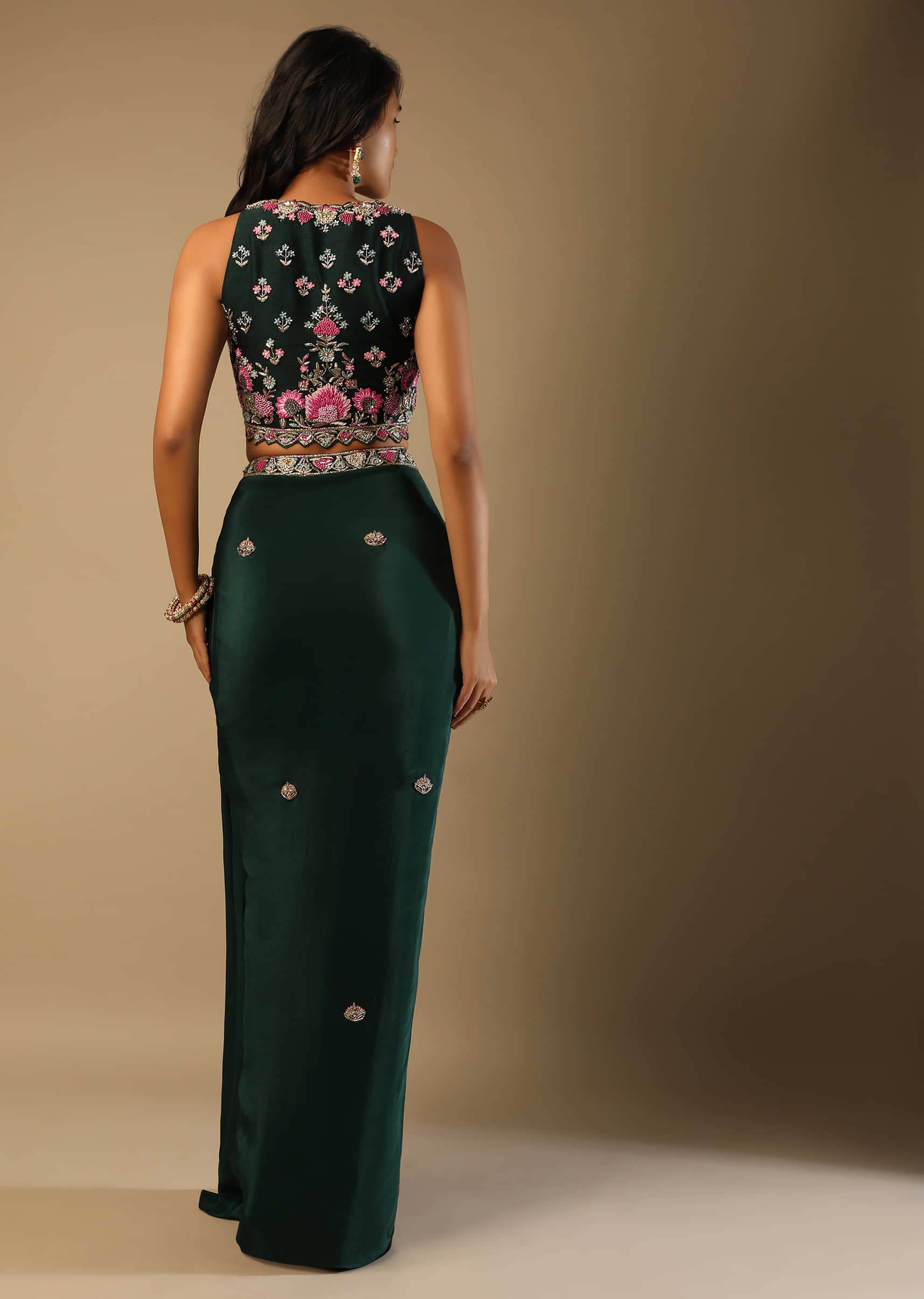 Bottle Green Dhoti Skirt And Choli With Multi Colored Hand Embroidery In Floral Motifs  