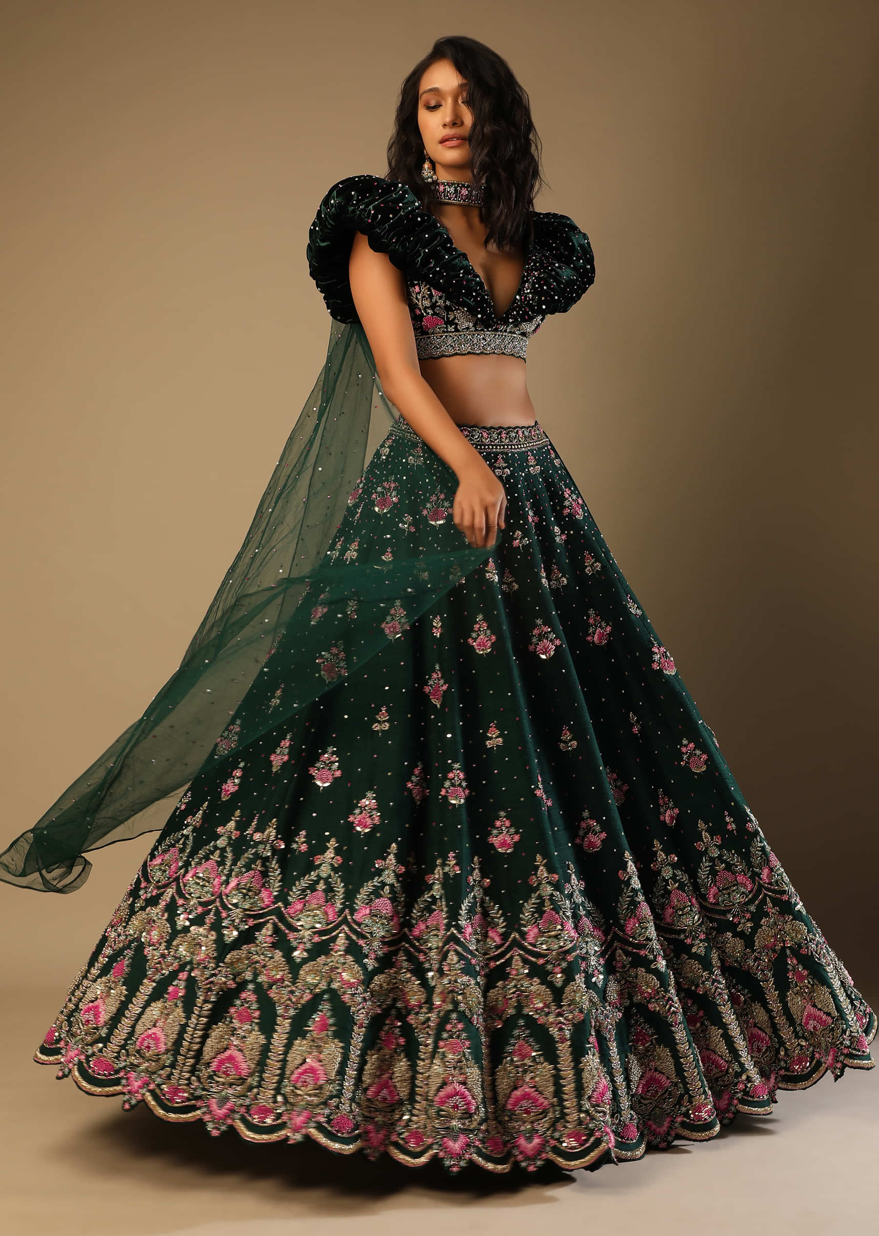 Bottle Green Lehenga And Puff Necked Choli With Multi Colored Hand Embroidered Mughal Motifs 