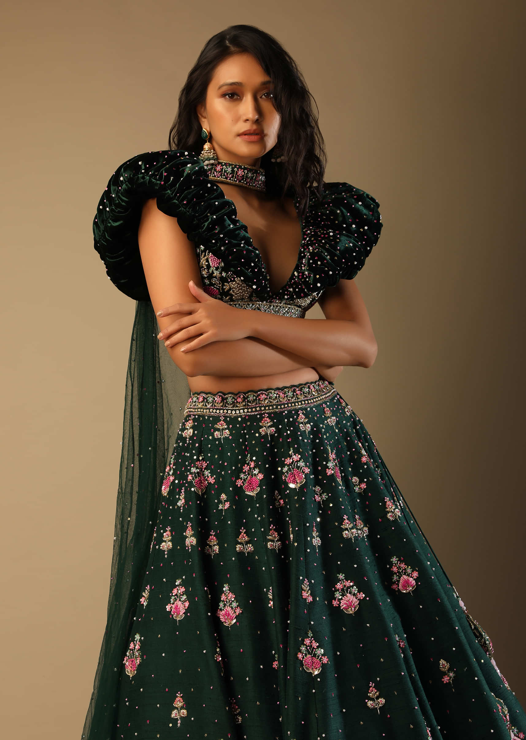 Bottle Green Lehenga And Puff Necked Choli With Multi Colored Hand Embroidered Mughal Motifs 