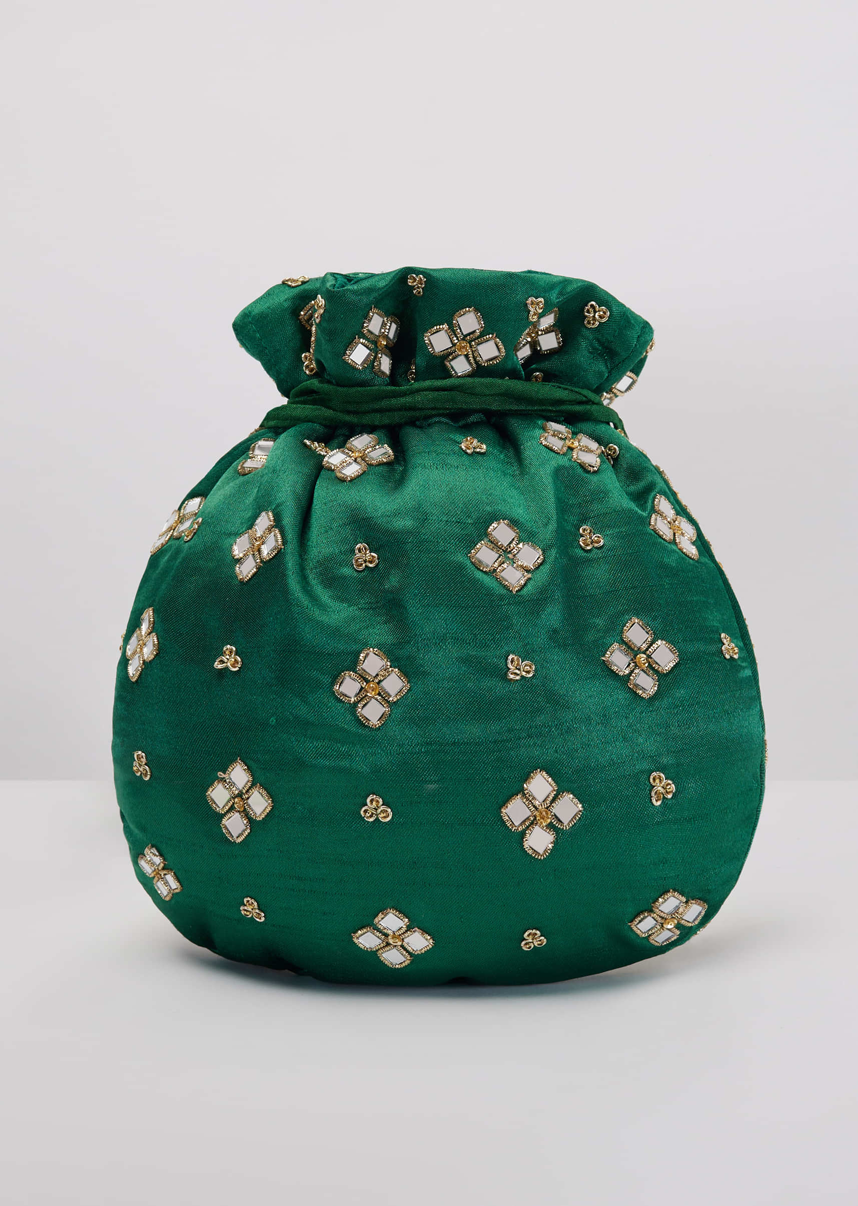 Bottle Green Potli In Satin With Hand Embroidery Detailing Using Mirror And Zardosi In Geometric Design
