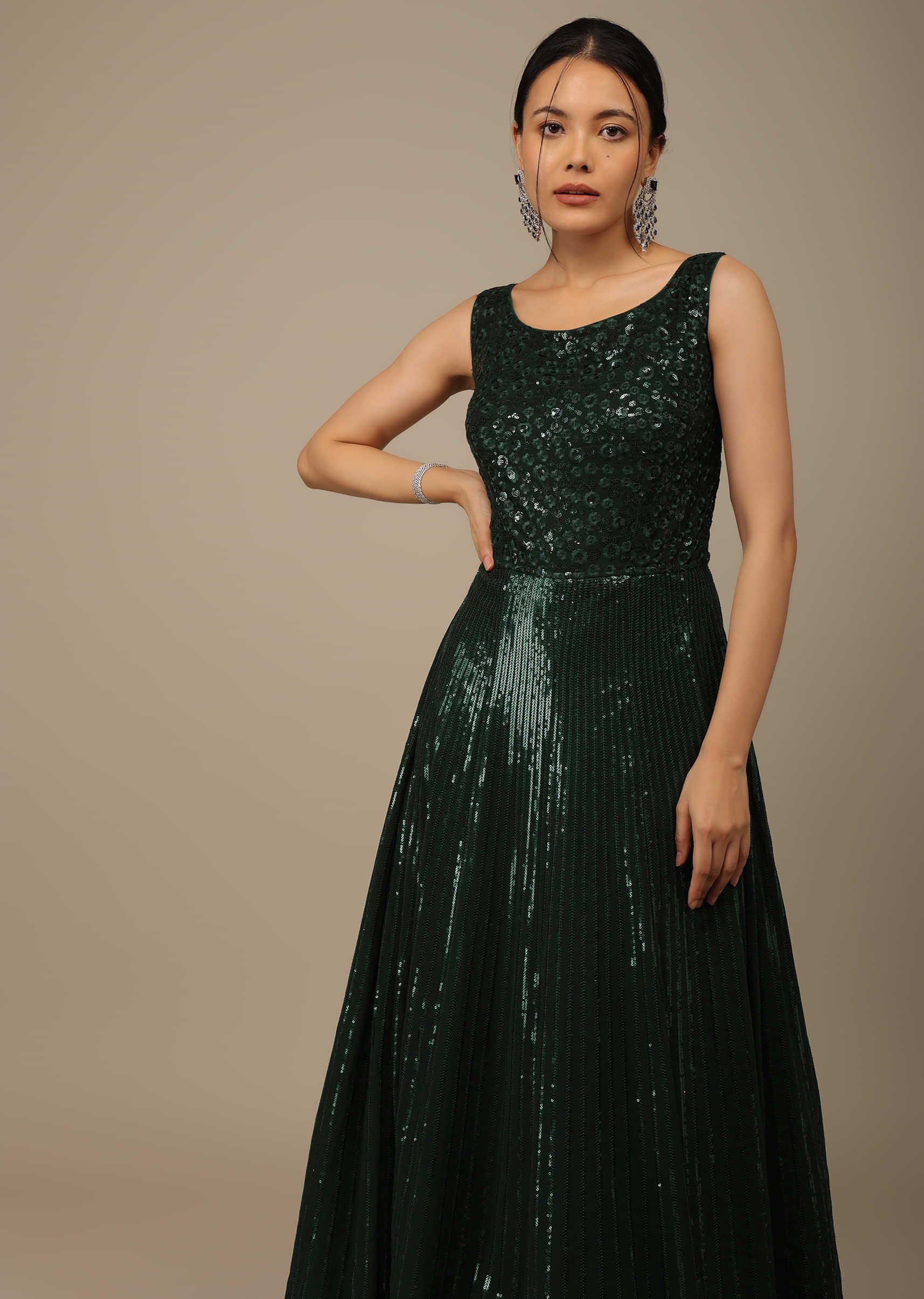 Bottle Green Sequins Embroidered Evening Gown In Georgette With Resham Work