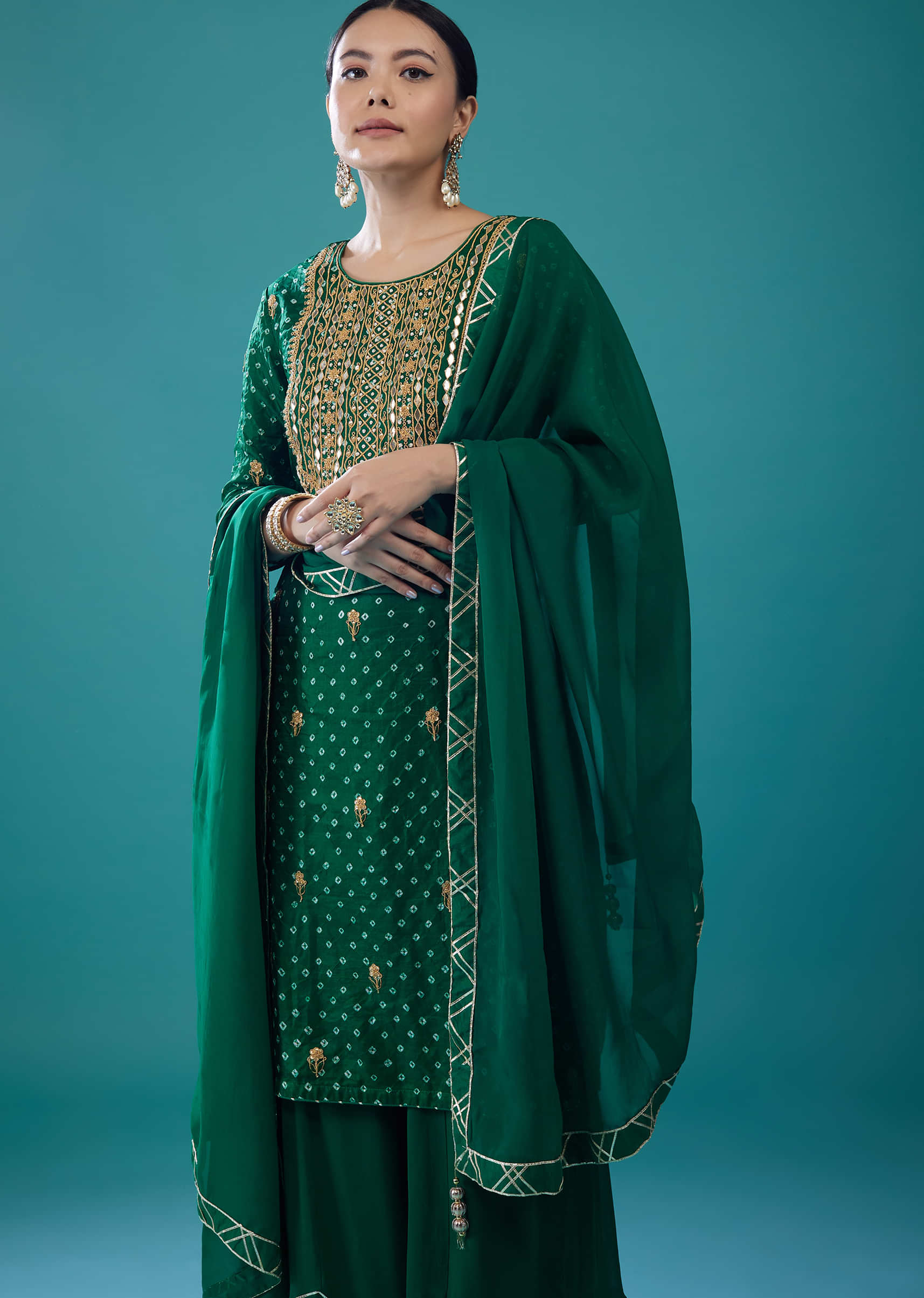 Emerald Green Silk Bandhani Palazzo Set With Embroidery