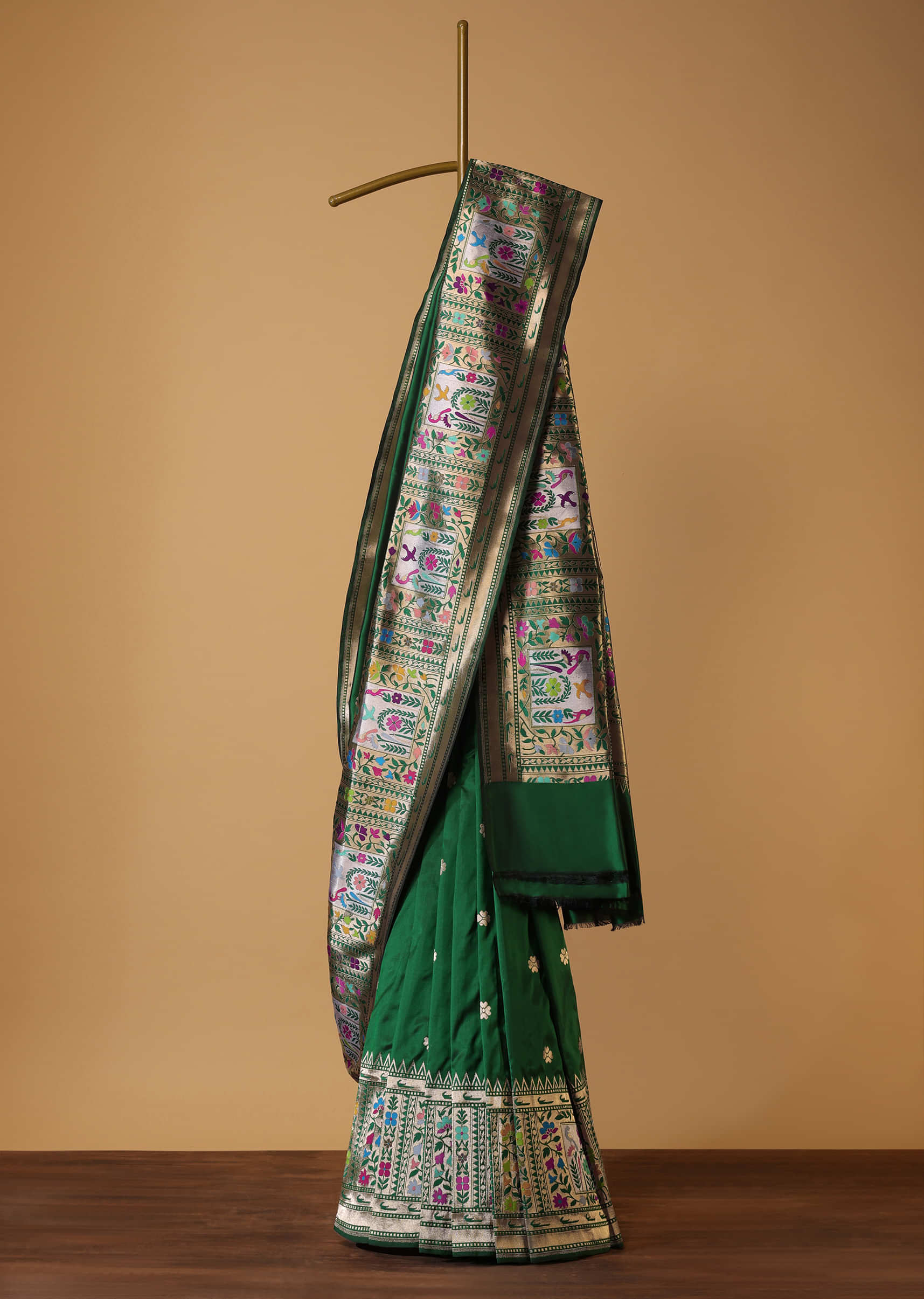 Bottle Green Silk Woven Paithani Border Pallu Saree With Resham Work In Silk