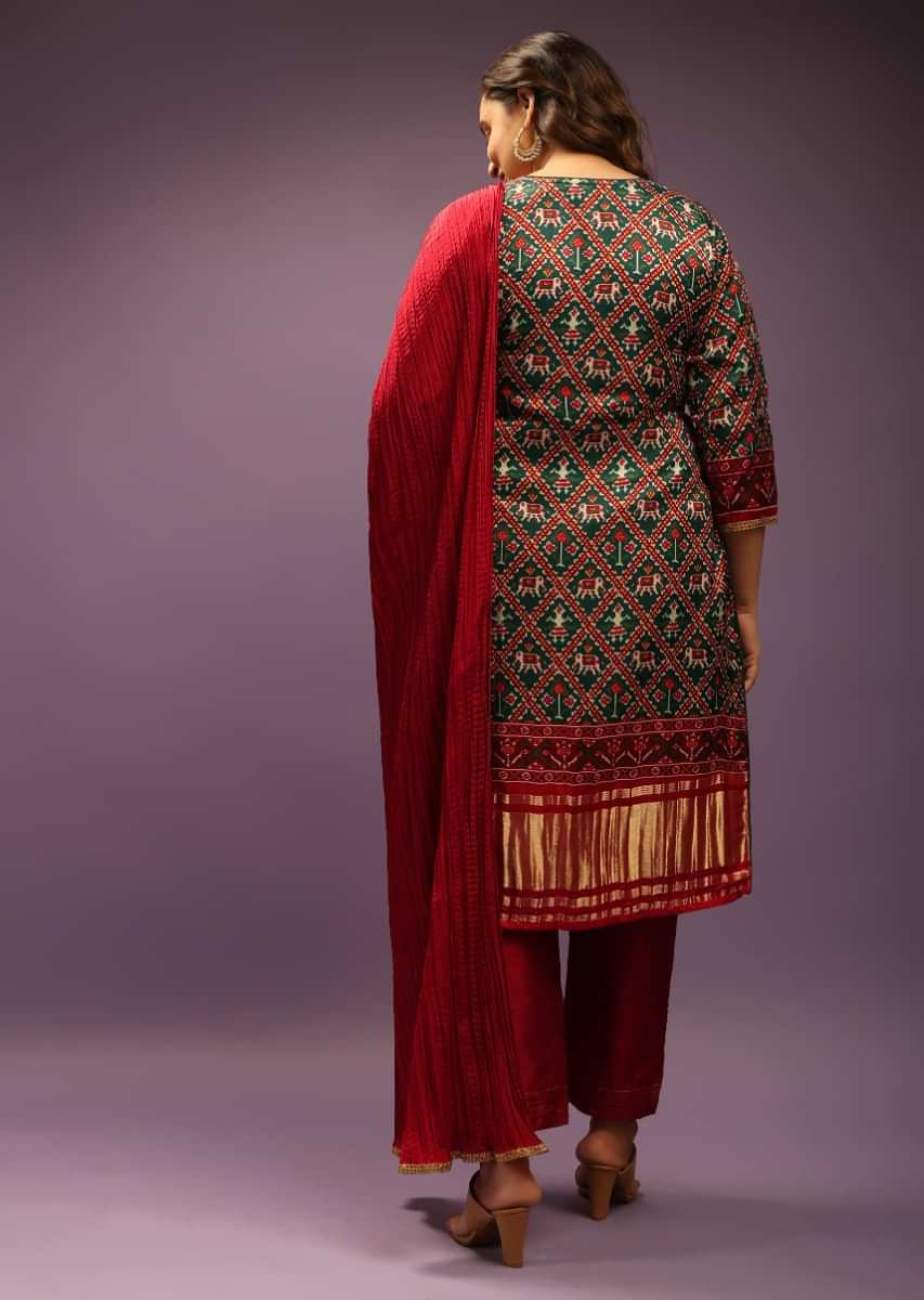 Bottle Green Straight Cut Satin Blend Suit With Patola Print And Brocade Border Edged In Tassels
