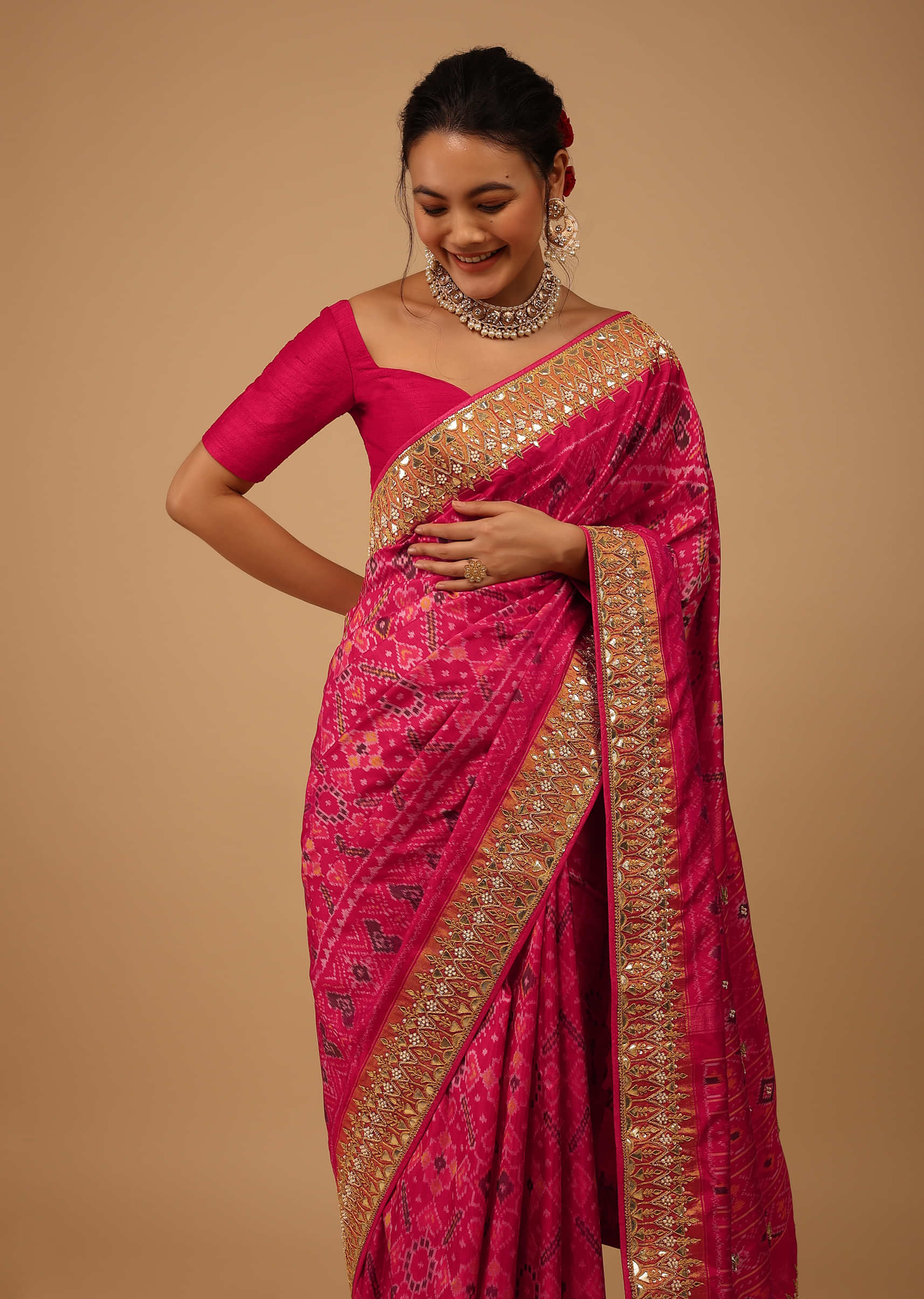 Cherry Pink Saree In Pure Silk With Handloom Patola Ikat Weave