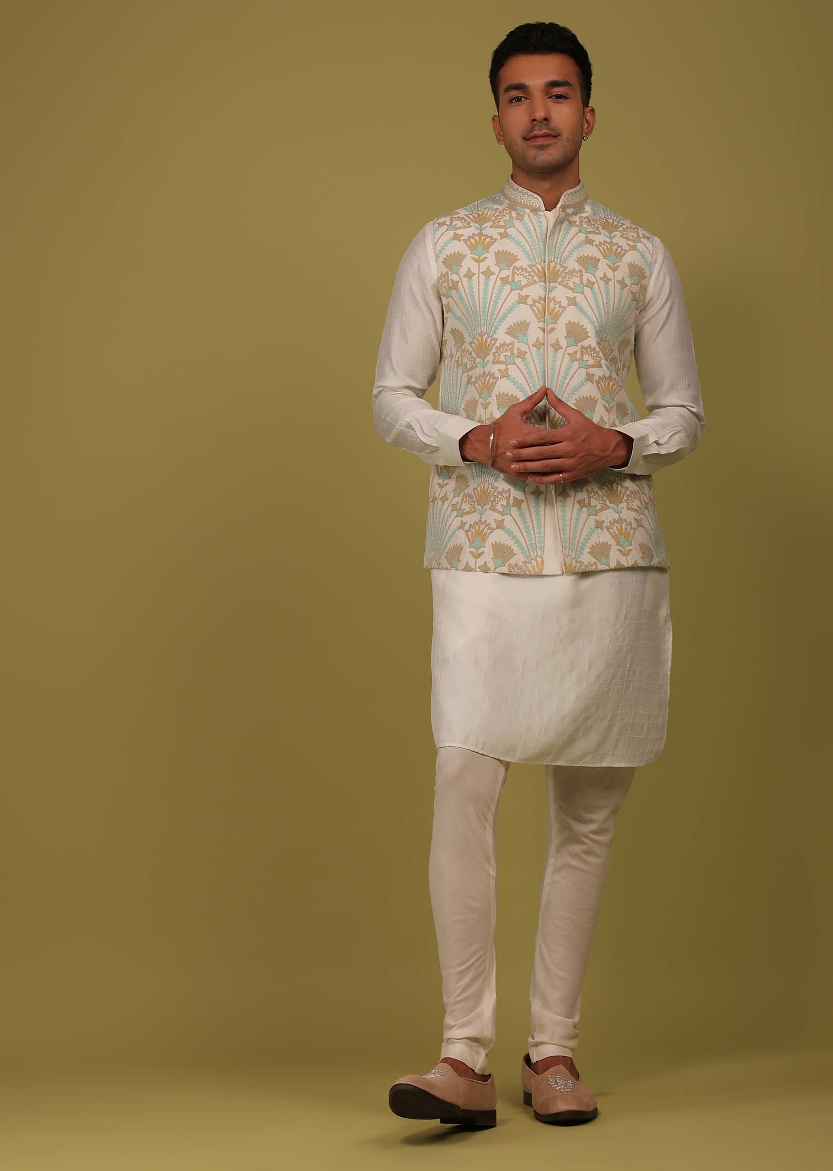 Pearl White Art Silk Bandi Jacket Set In Threadwork