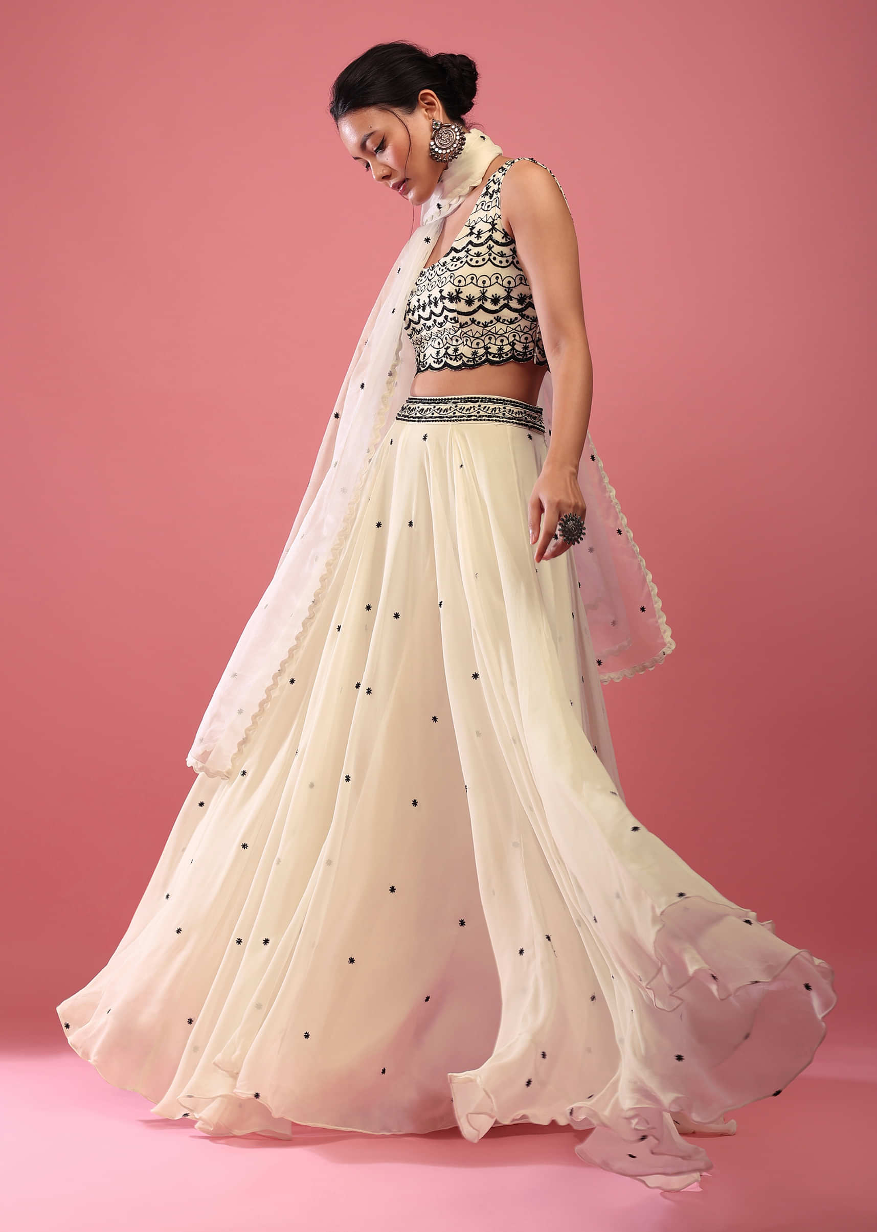 Daisy White Lehenga In Georgette With Fully Embroidered Blouse And Organza Dupatta