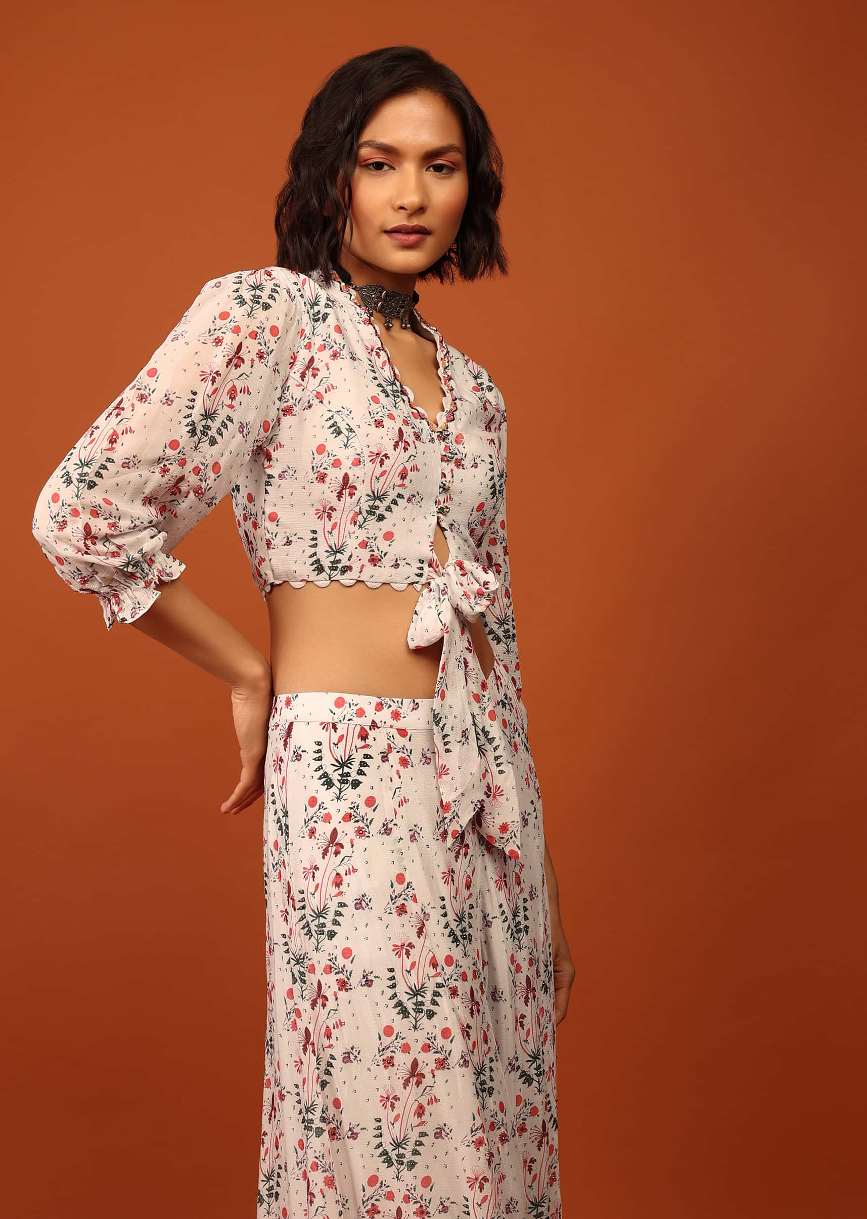 Daisy White Print Blouse And Palazzo In V Neckline & Balloon Flute Sleeves With Embellishment