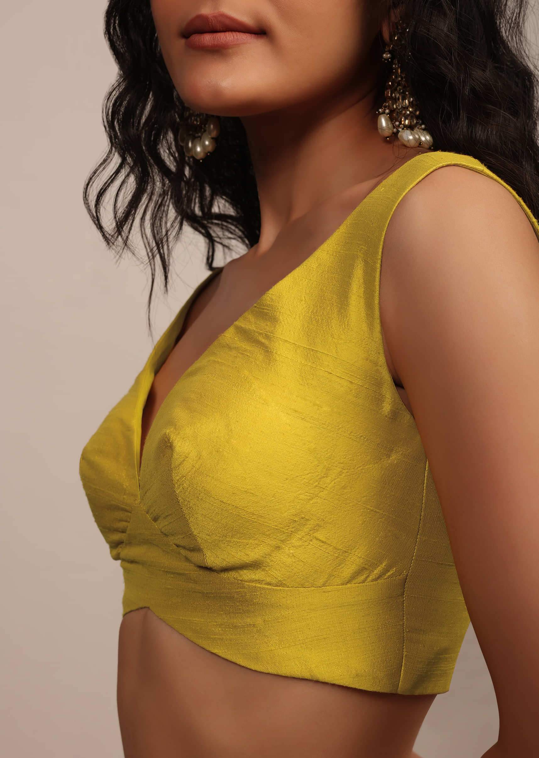 Bright Yellow Sleeveless Blouse With Sweetheart Neckline In Raw Silk