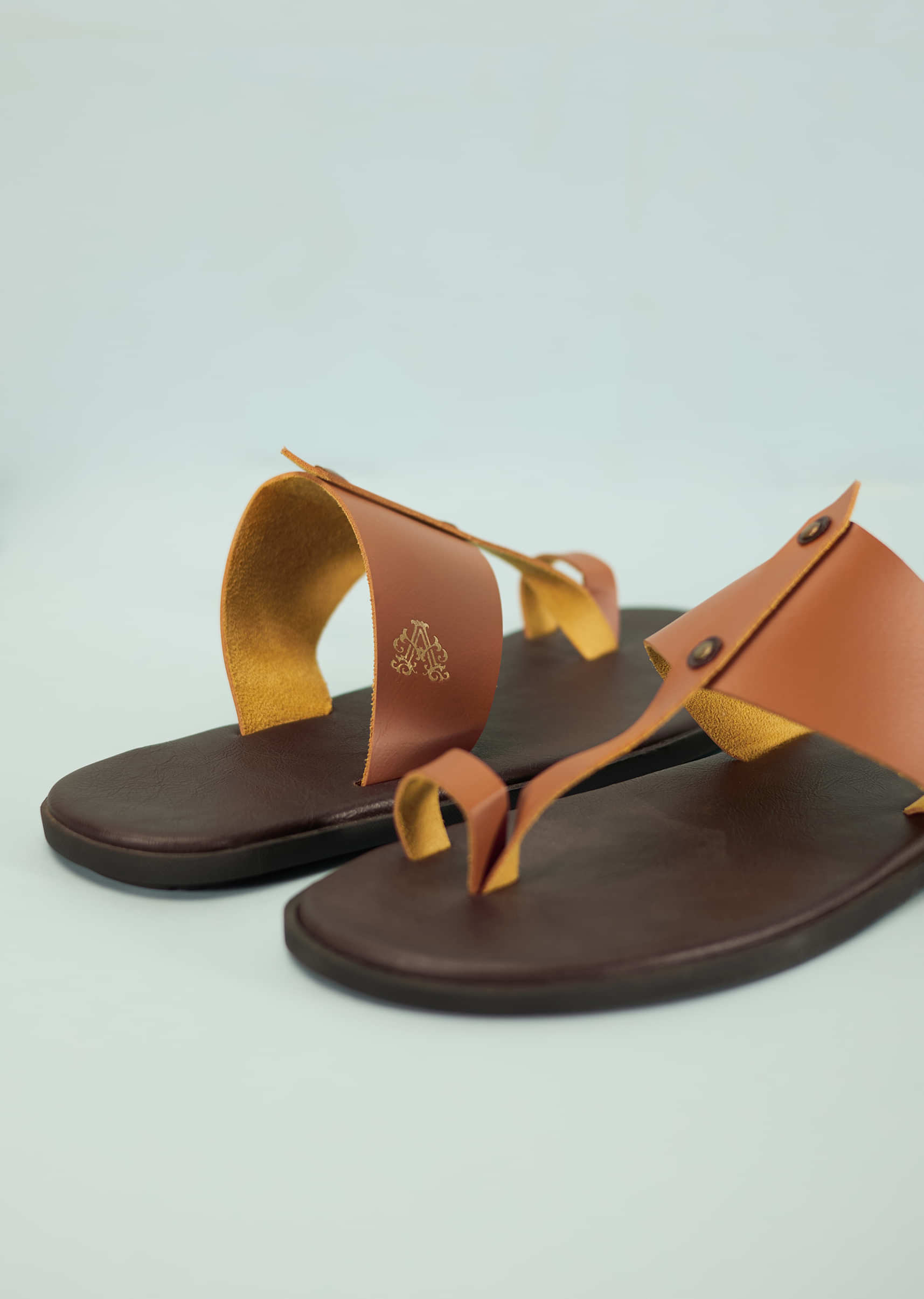 Dark And Tan Brown Strappy Slides For Men In Leather With Buttons
