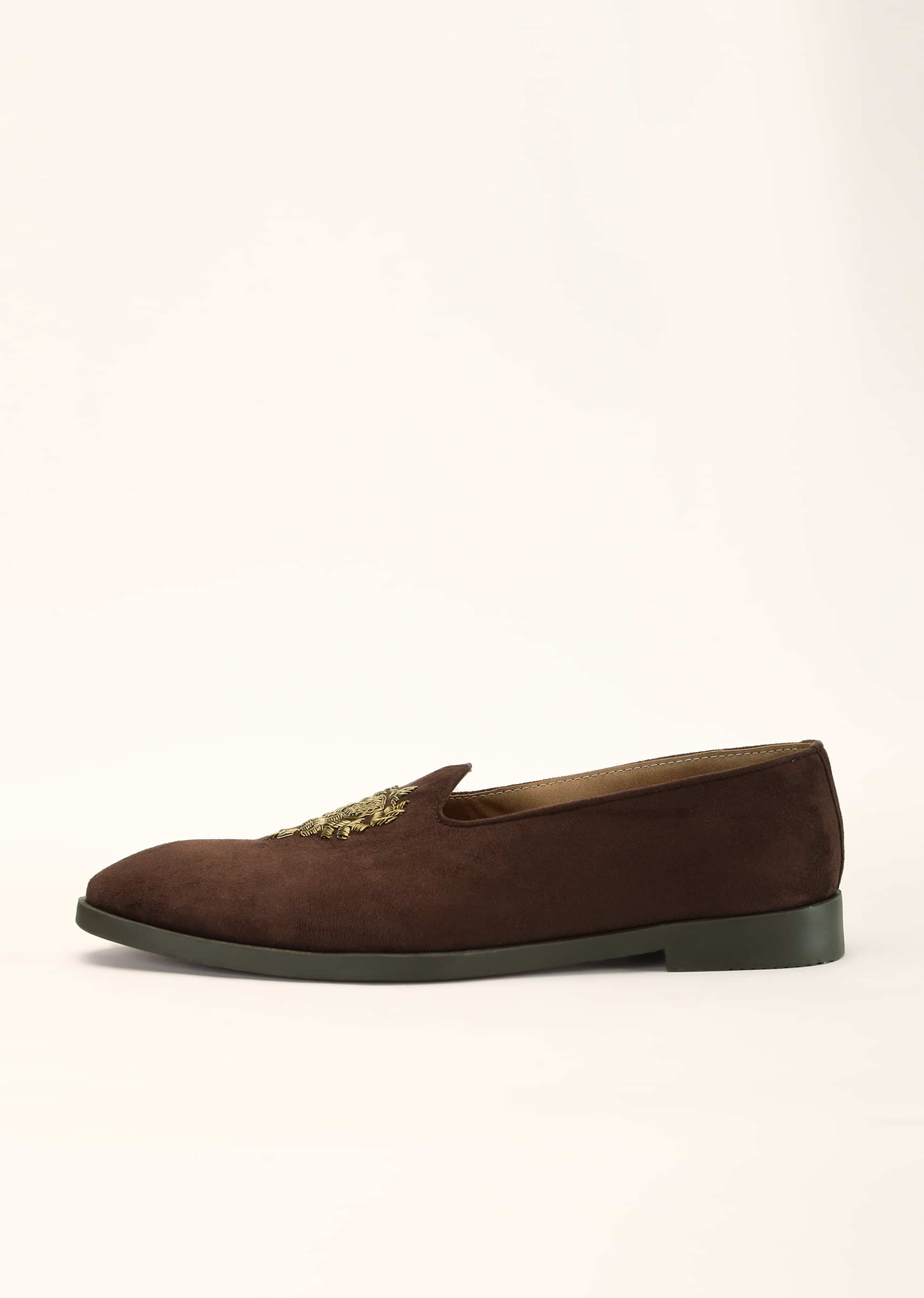 Brown Juttis In Suede With Zardosi Embroidered Motif