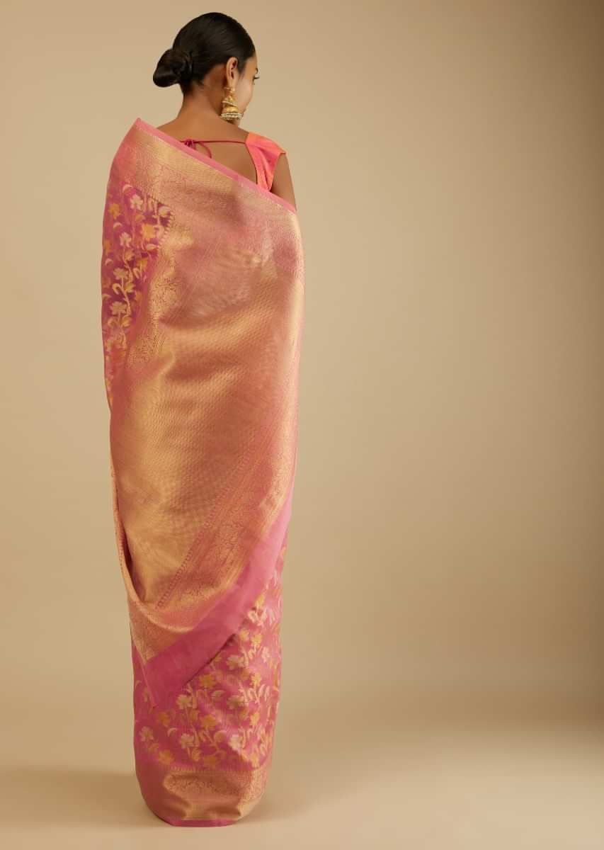 Bubblegum Pink Saree In Organza Silk With Woven Floral Jaal In Shades Of Yellow And Gold Along With Unstitched Blouse  
