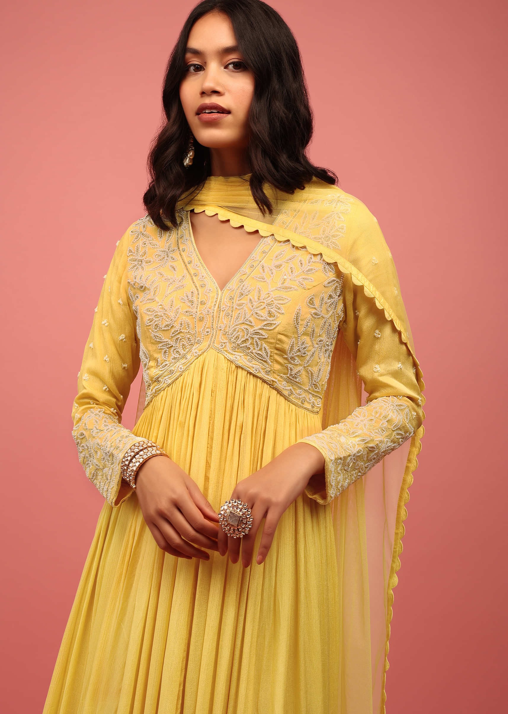 Daffodil Yellow Embroidered Anarkali Suit In Chiffon